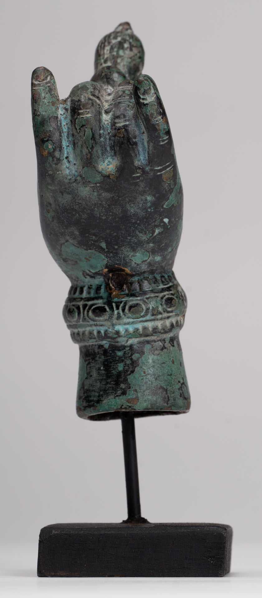 Rishi Statue - Antique Khmer Style Mounted Bronze Rishi or Wise Man in Hand - 17cm/7"