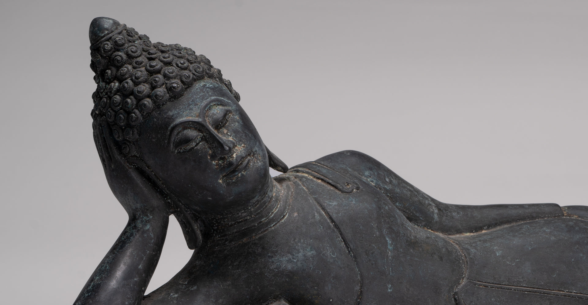 Buddha Statue - Antique Thai Style Bronze Chiang Saen Reclining Nirvana Buddha Statue - 66cm/26"