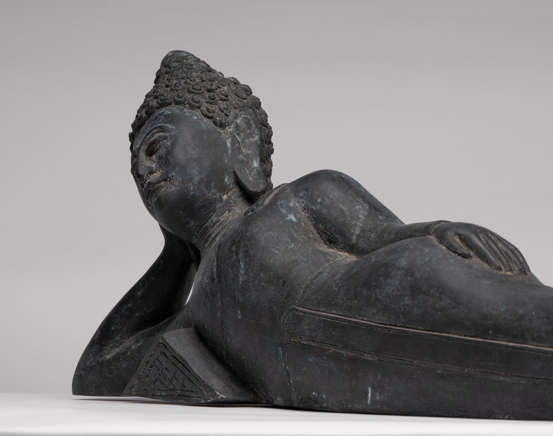 Buddha Statue - Antique Thai Style Bronze Chiang Saen Reclining Nirvana Buddha Statue - 66cm/26"