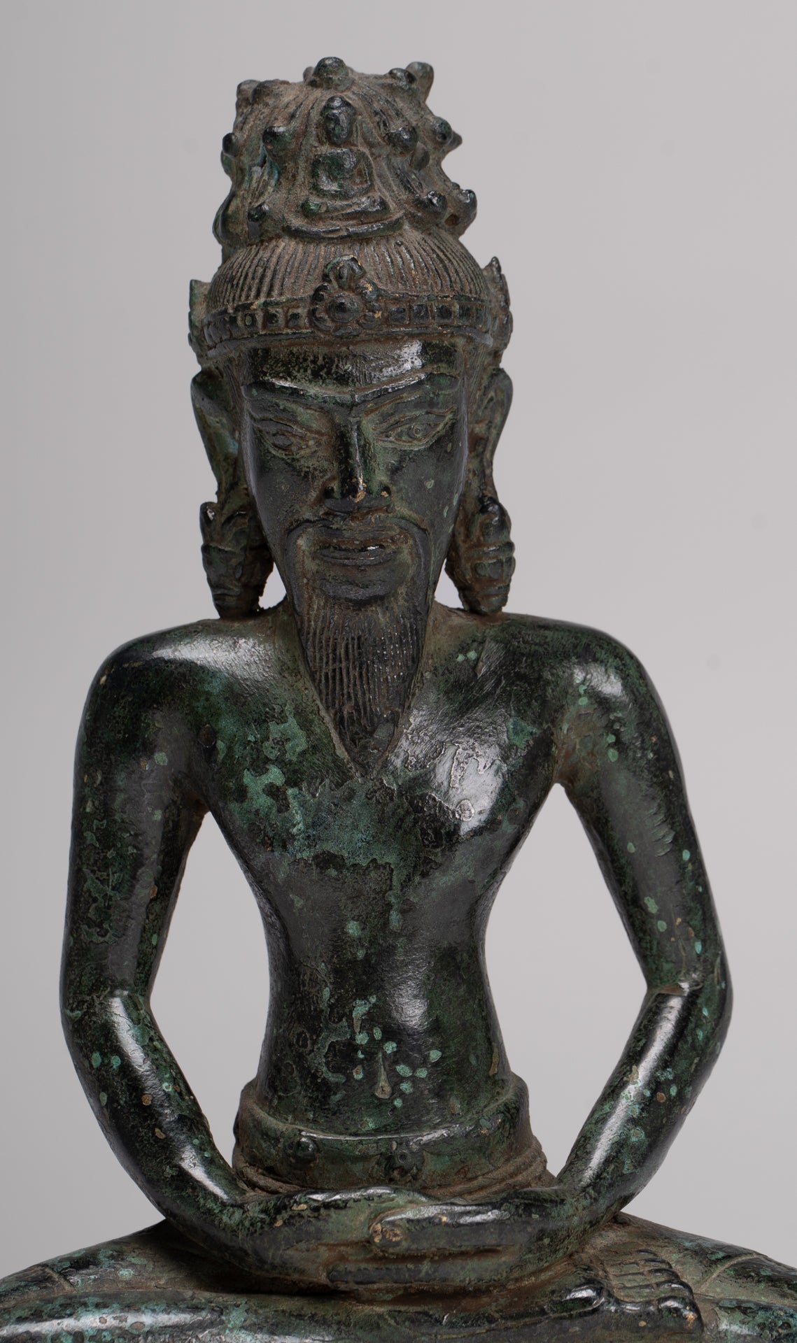 Rishi Statue - Antique Khmer Style Seated Bronze Rishi or Wise Man - 18cm/7"
