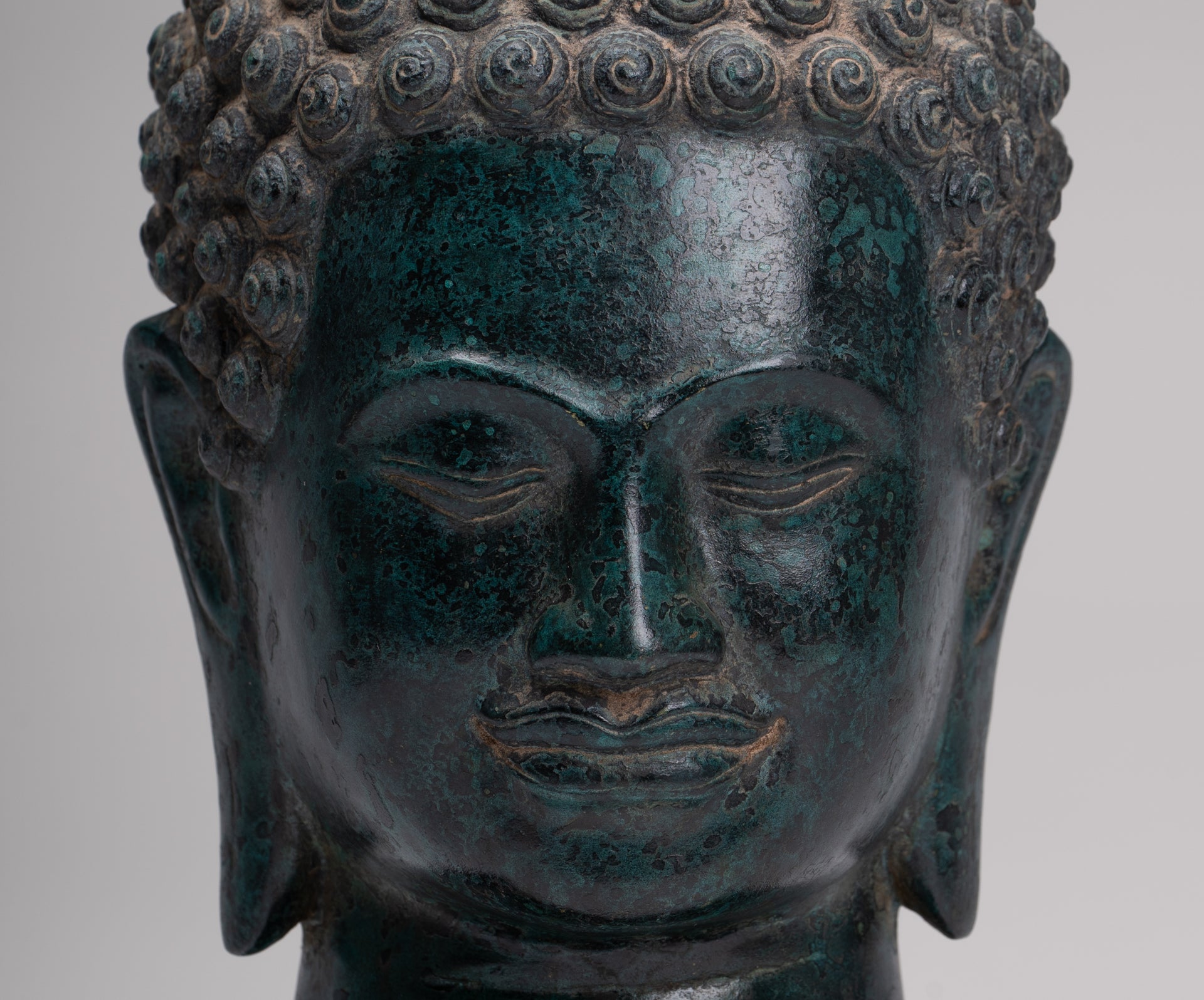 Buddha Statue - Antique Khmer Style Bronze Phnom Da Buddha Head - 30cm/12"