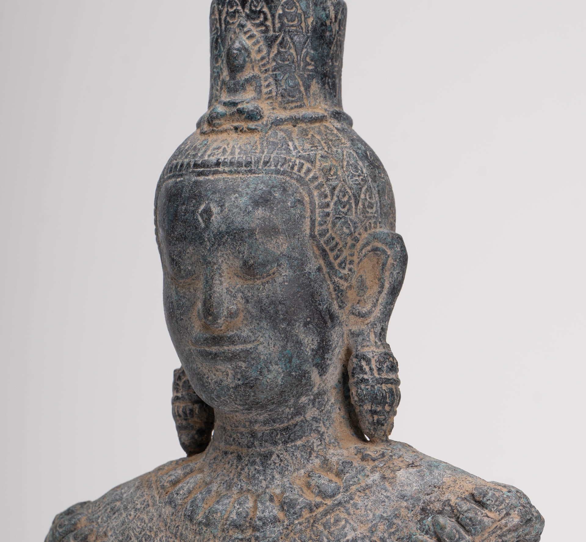 Antique Khmer Style Standing Bronze Bayon Style Lokeshvara Statue - 27cm/11"