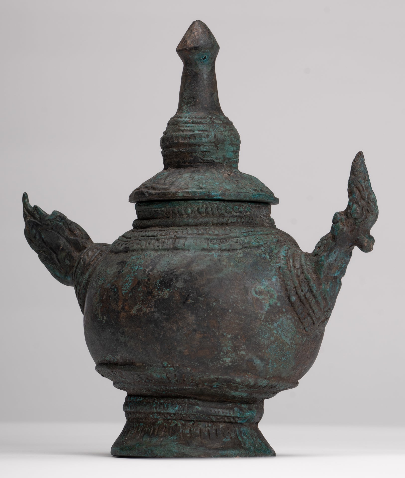 Naga Vessel - Antique Thai Style Bronze Naga Holy Water Vessel - 20.5cm/8"