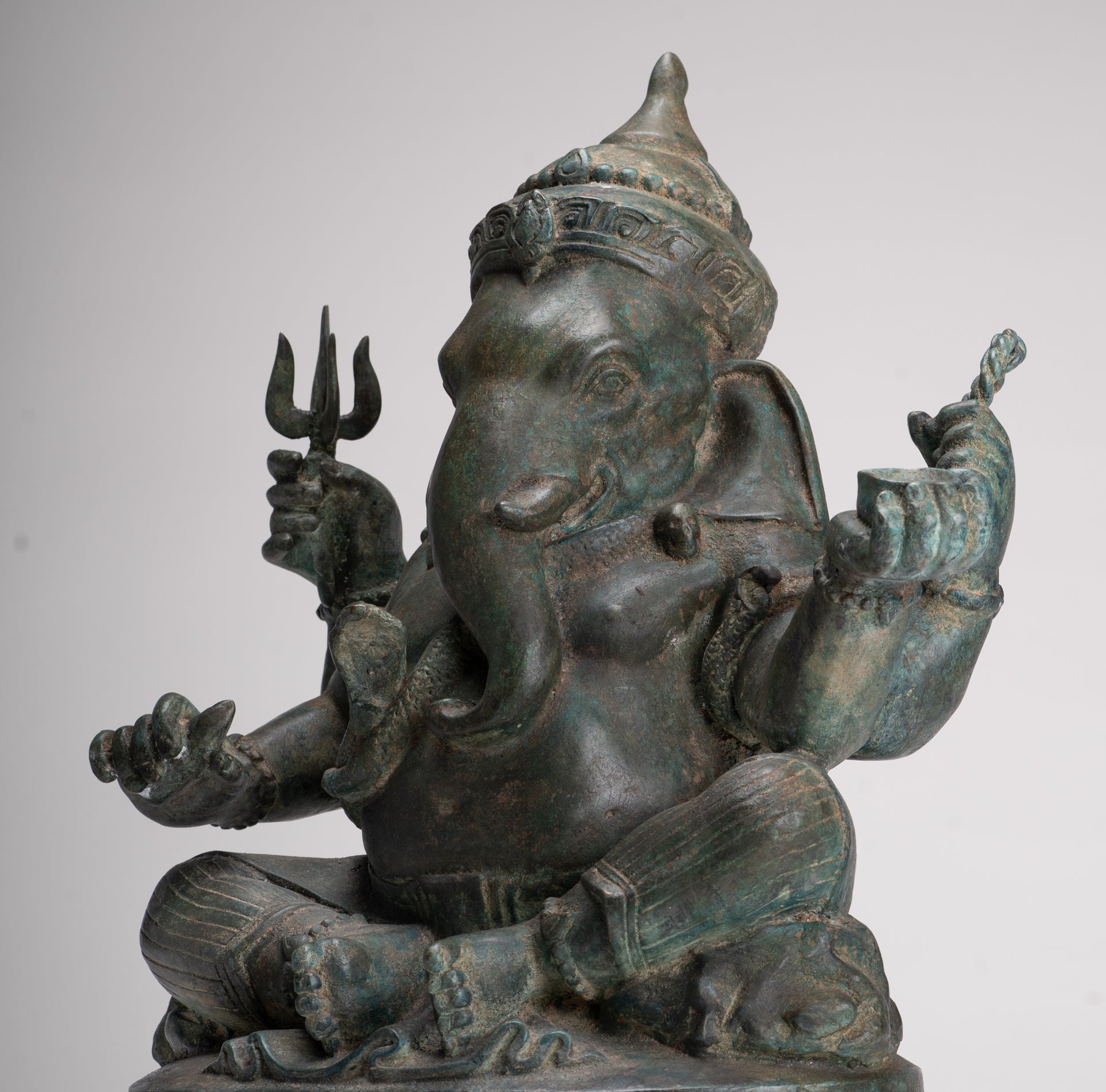 Ganesha Statue - Antique Thai Style Bronze Seated 4-Arm Ganesha Statue - 45cm/18"