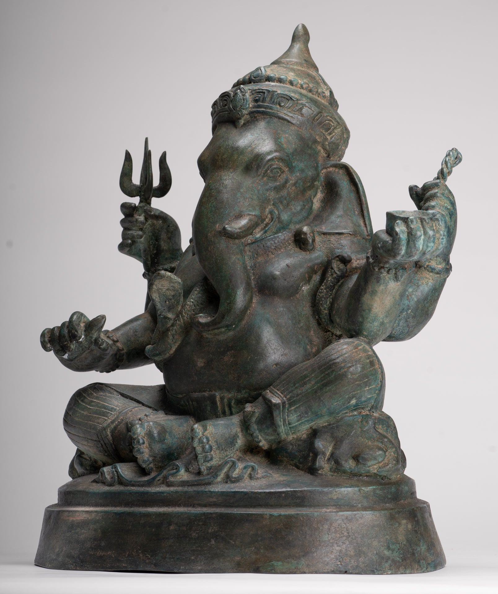 Ganesha Statue - Antique Thai Style Bronze Seated 4-Arm Ganesha Statue - 45cm/18"