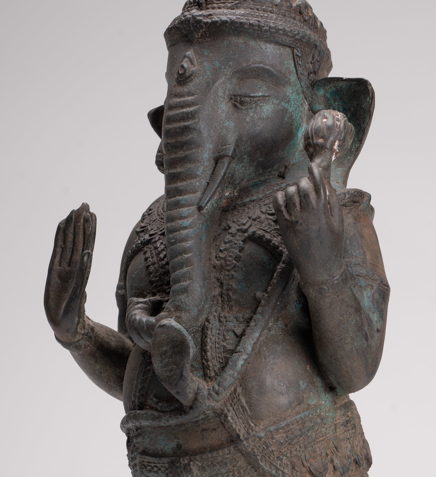 Ganesha Statue - Antique Thai Style Bronze Standing 2-Arm Ganesha Statue - 38cm/15"