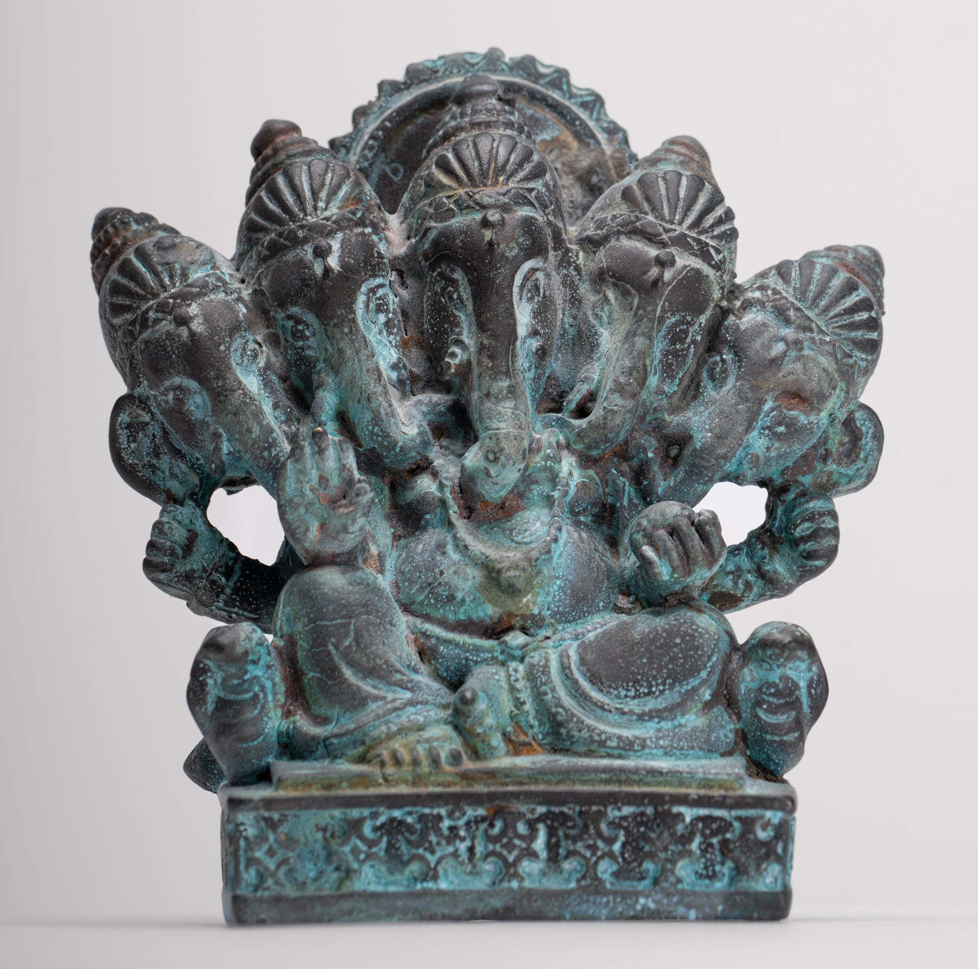 Ganesh - Antique Thai Style Bronze Seated Gold Heramba Ganapati Statue - 12.5cm/5"