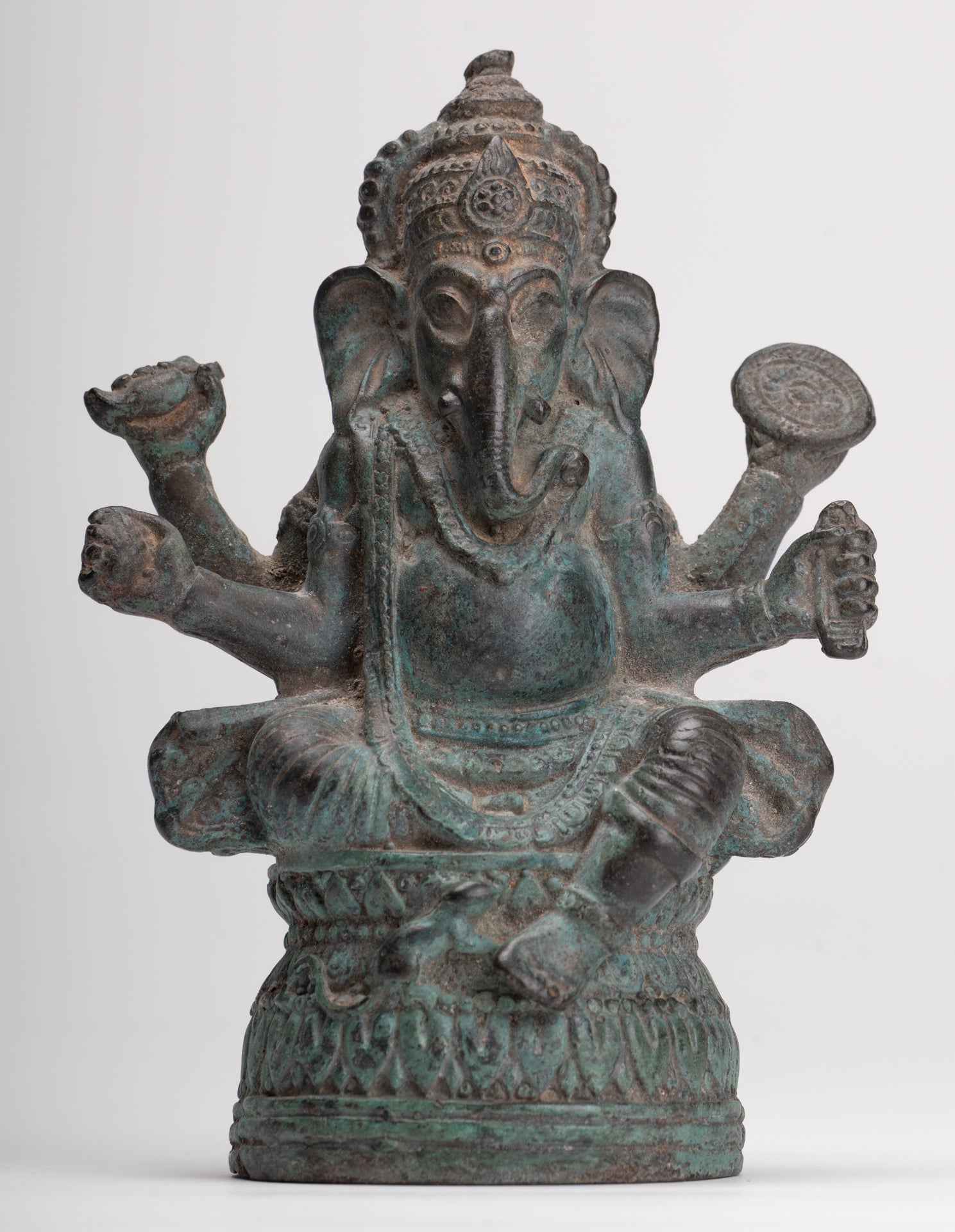 Ganesha Statue - Antique Thai Style Bronze Seated Ganesha Statue - 15.5cm/6"