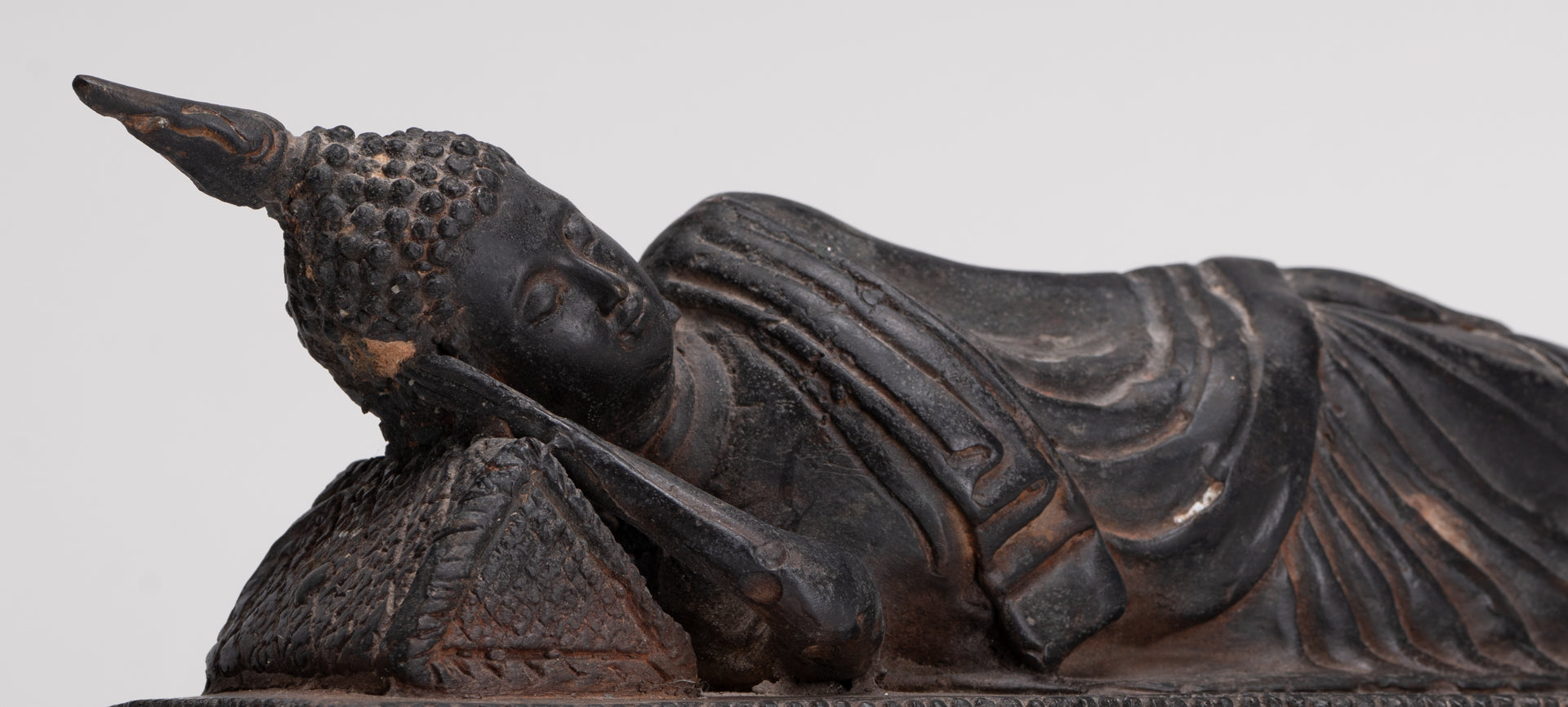 Buddha Statue - Antique Thai Style Bronze Sukhothai Reclining Nirvana Buddha Statue - 28cm/11"