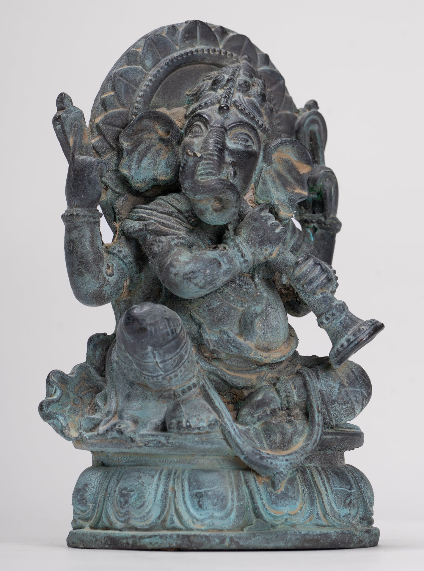 Ganesh - Antique Thai Style Bronze Seated Ganesh Statue - 15.5cm/6"