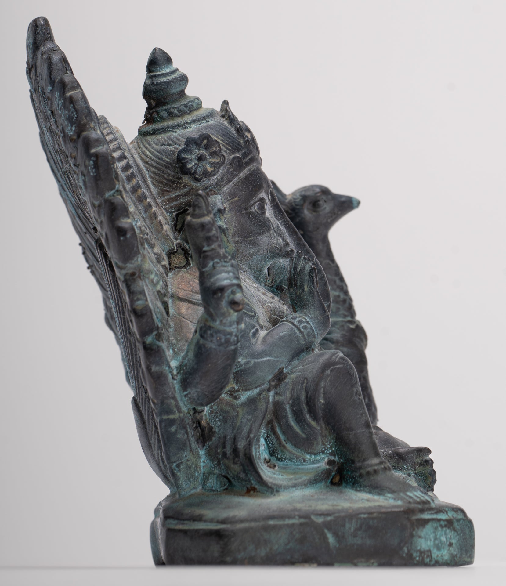 Ganesh - Antique Thai Style Bronze Seated Mayuresha Ganapathy Statue - 13cm/5"