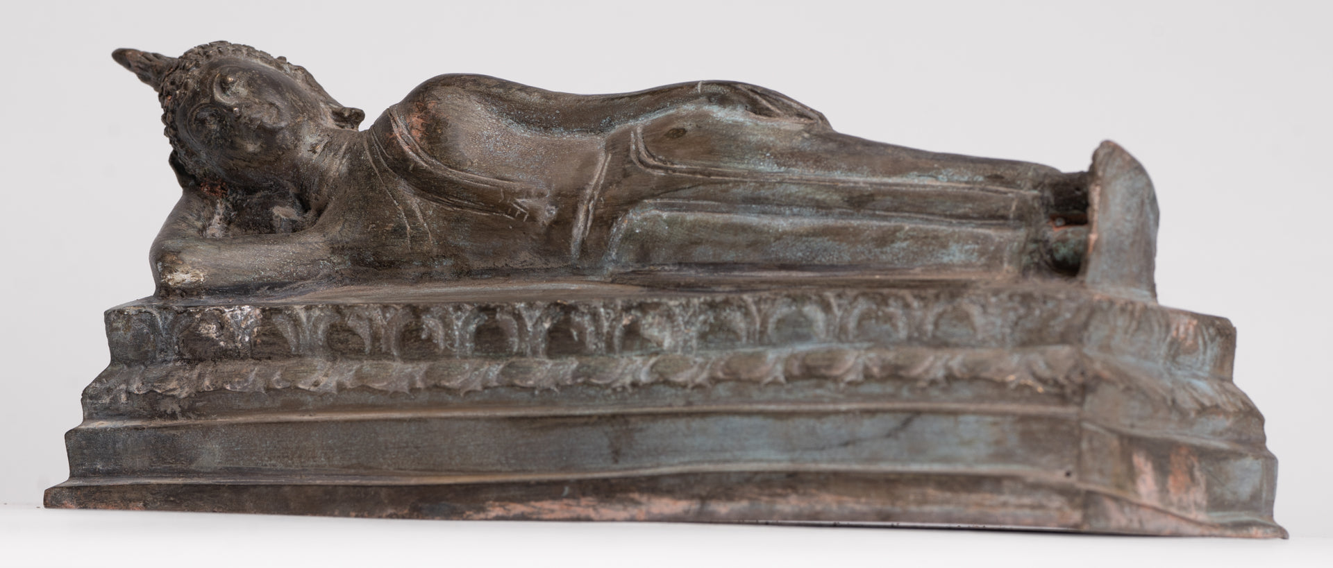 Buddha Statue - Antique Thai Style Bronze Sukhothai Reclining Nirvana Buddha Statue - 27cm/11"