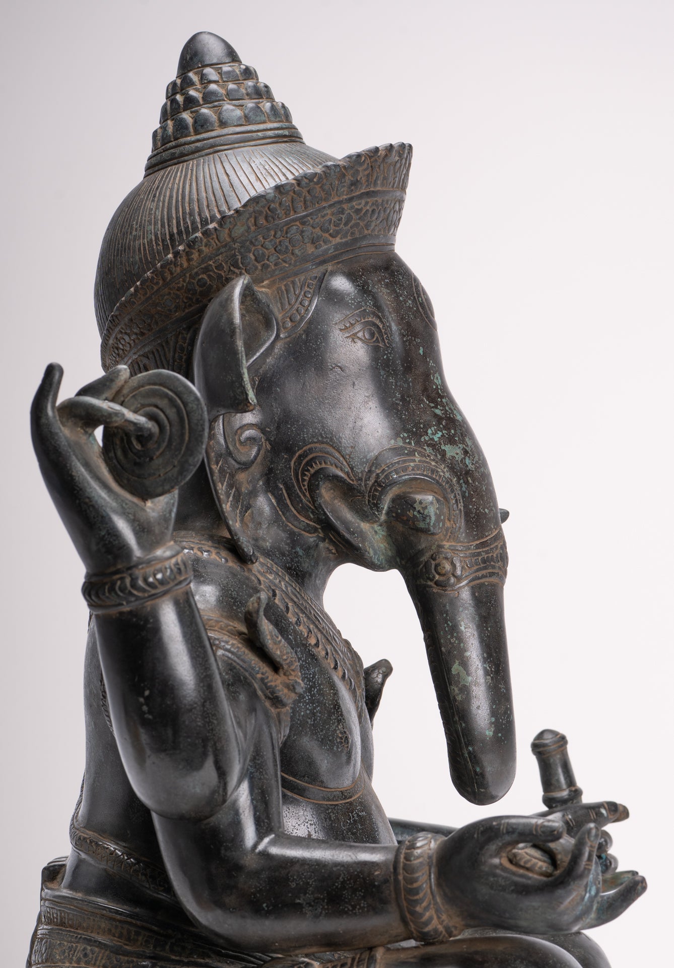 Large Ganesha Statue - Antique Khmer Style Angkor Wat Bronze Seated Four Arm Ganesh Statue - 56cm/22"