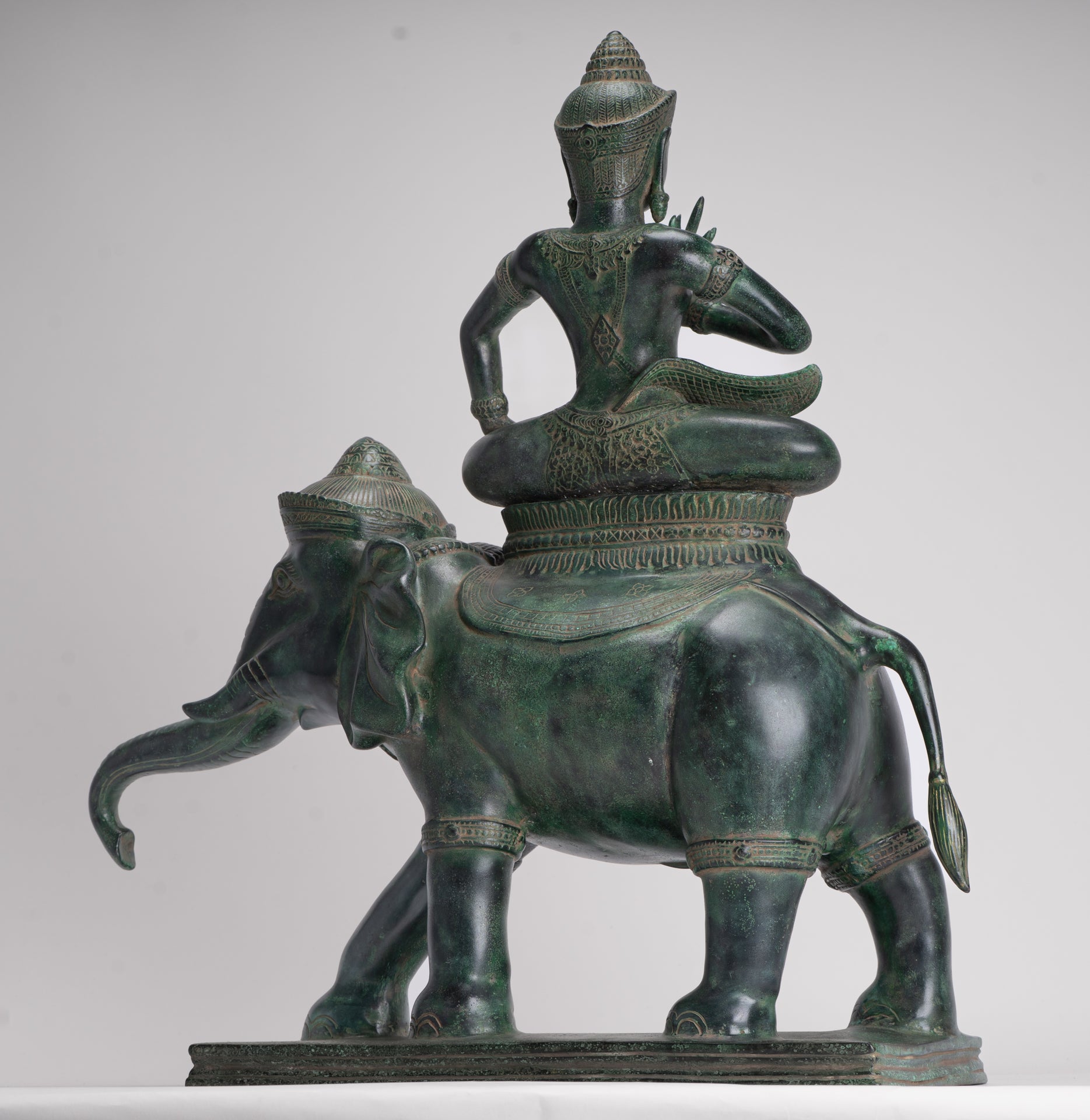Indra Statue - Antique Khmer Style Bronze Erawan Airavata Statue with Indra - 59cm/24"