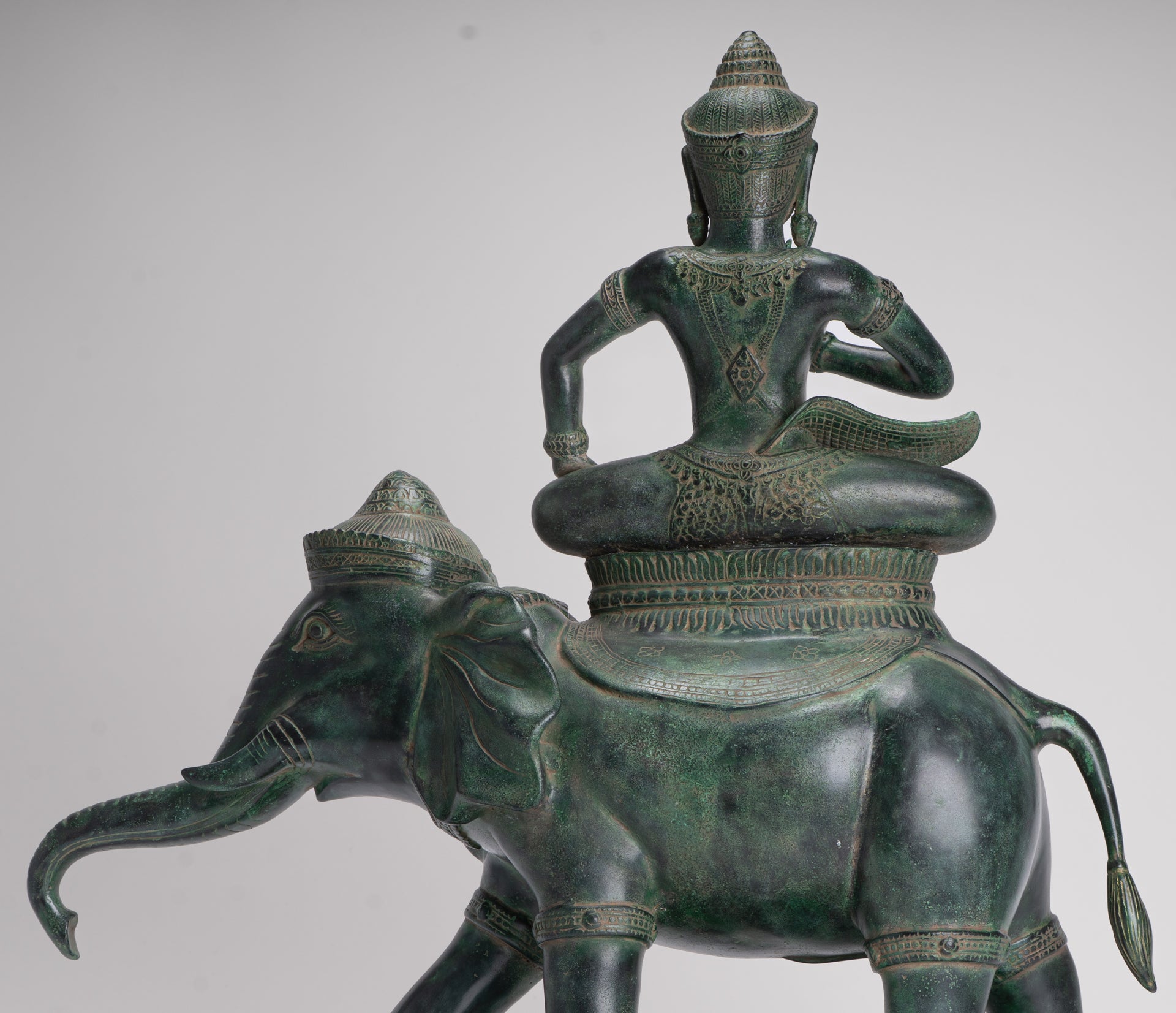 Indra Statue - Antique Khmer Style Bronze Erawan Airavata Statue with Indra - 59cm/24"