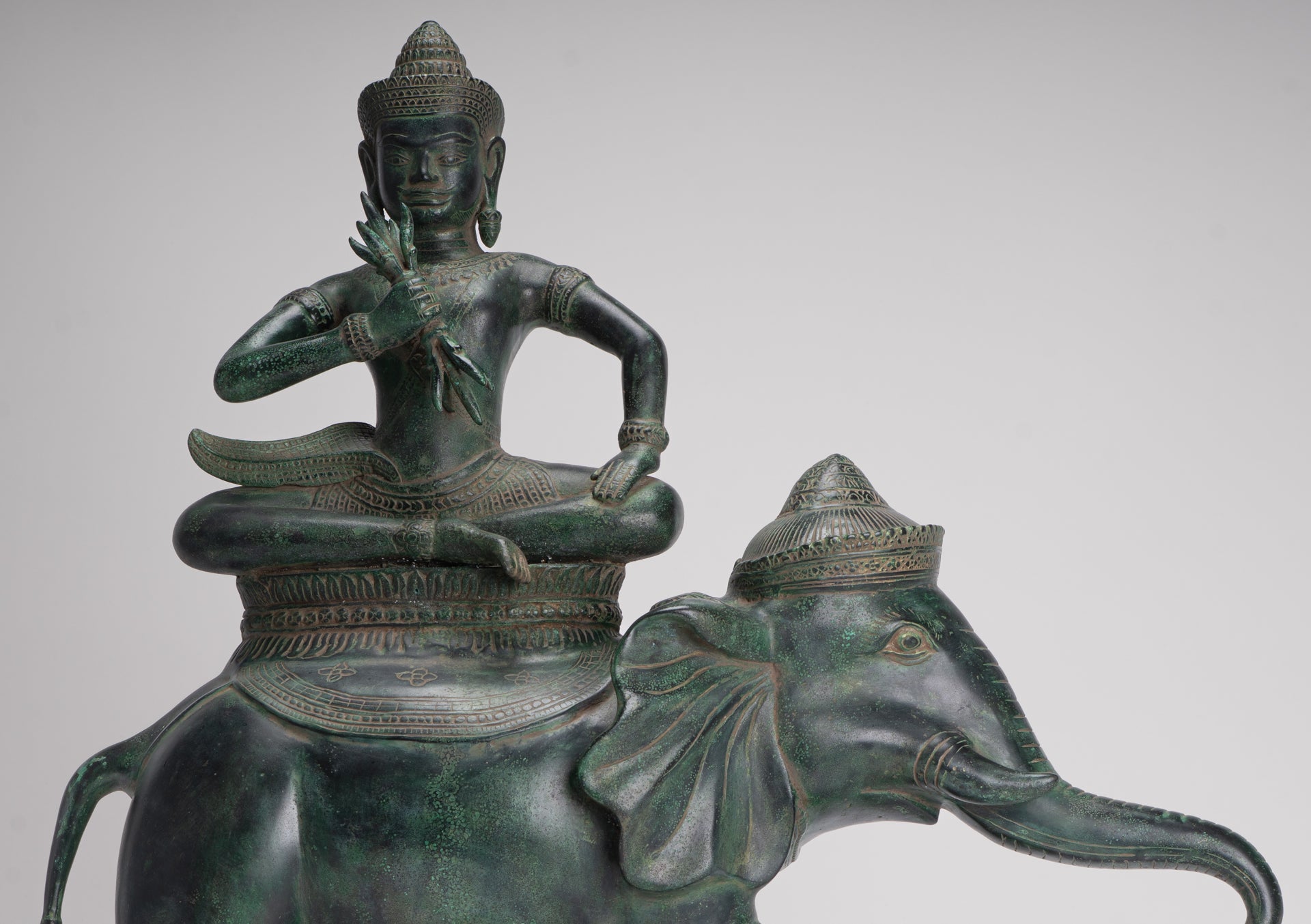 Indra Statue - Antique Khmer Style Bronze Erawan Airavata Statue with Indra - 59cm/24"