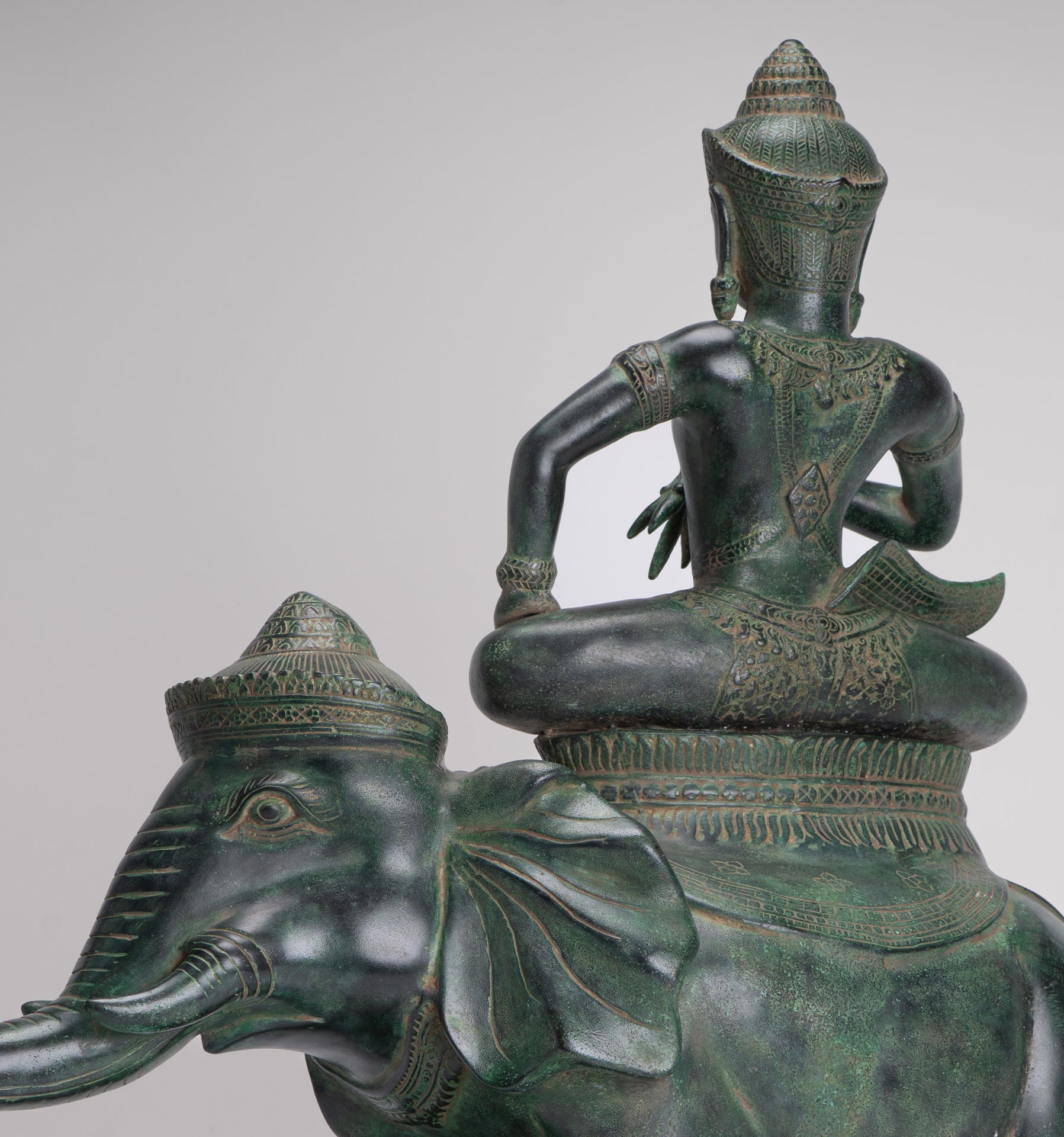 Indra Statue - Antique Khmer Style Bronze Erawan Airavata Statue with Indra - 59cm/24"