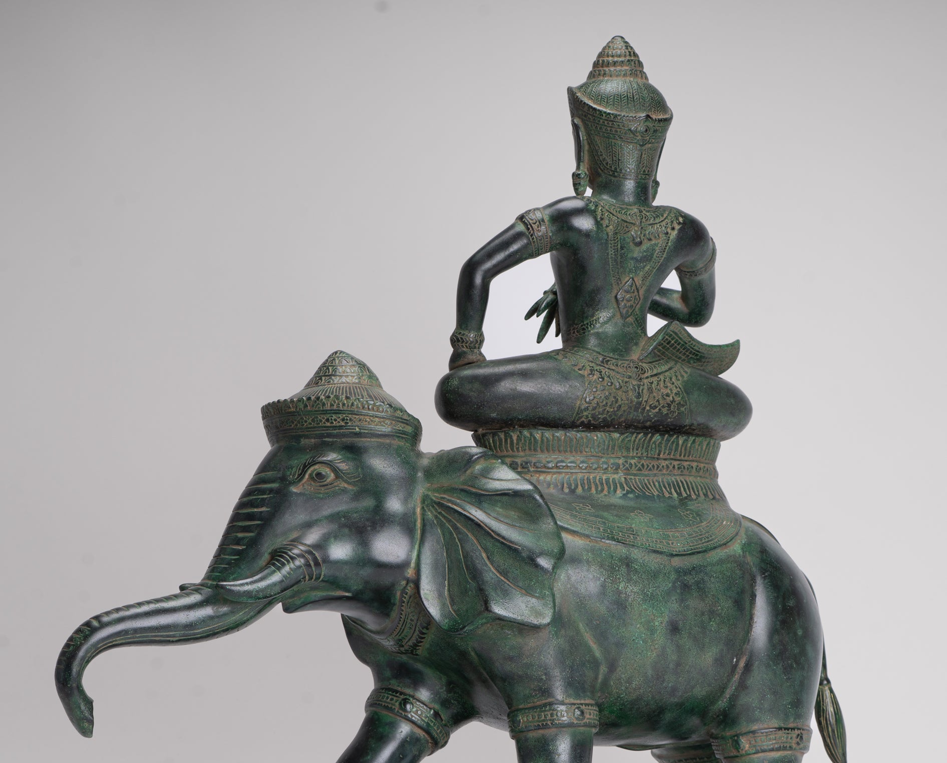 Indra Statue - Antique Khmer Style Bronze Erawan Airavata Statue with Indra - 59cm/24"