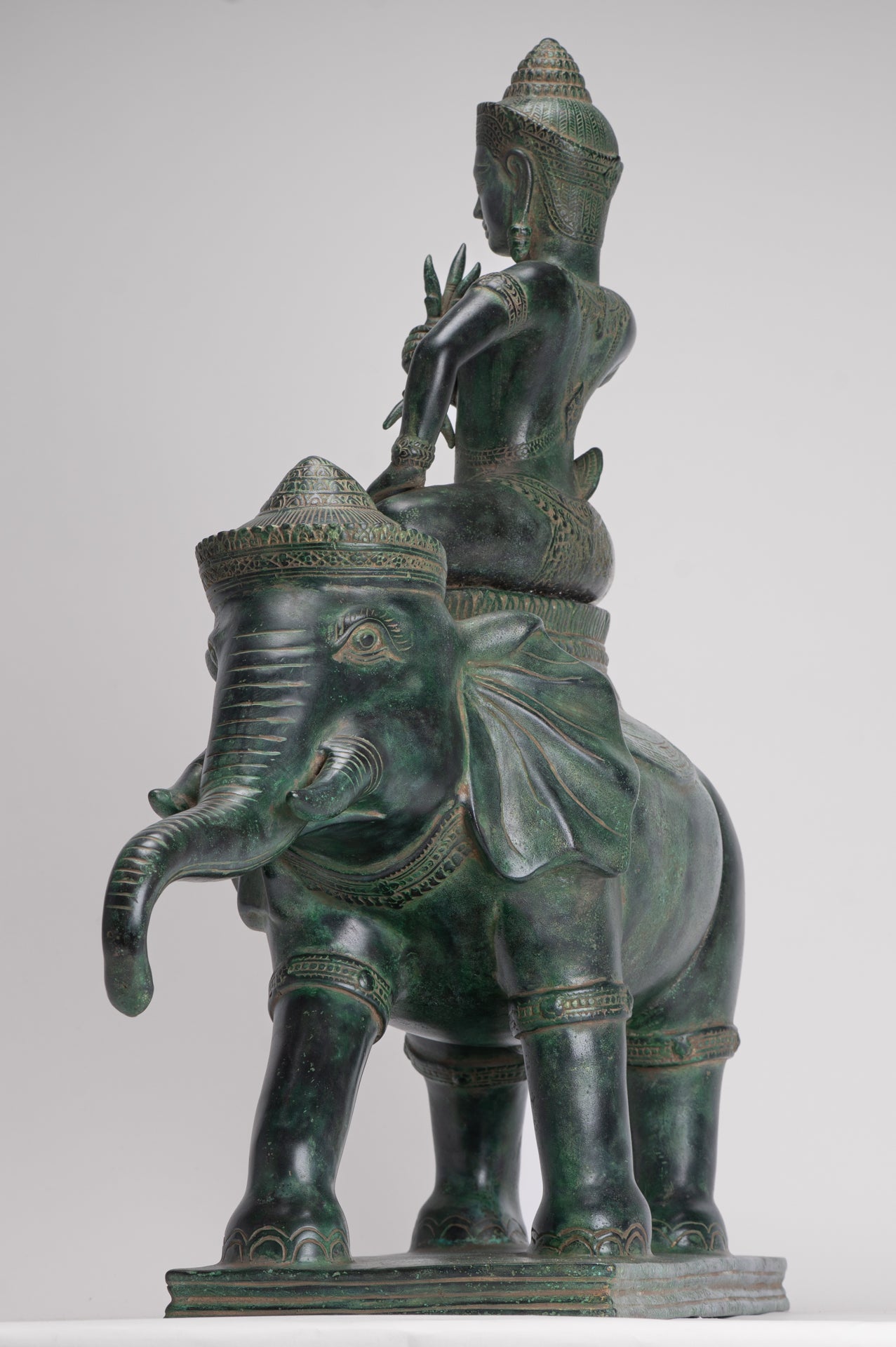 Indra Statue - Antique Khmer Style Bronze Erawan Airavata Statue with Indra - 59cm/24"