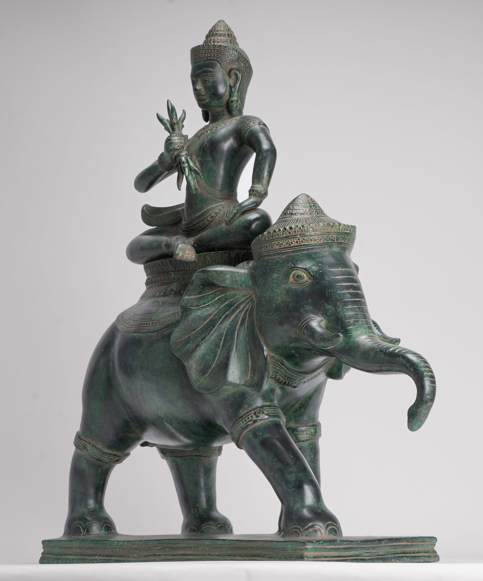Indra Statue - Antique Khmer Style Bronze Erawan Airavata Statue with Indra - 59cm/24"