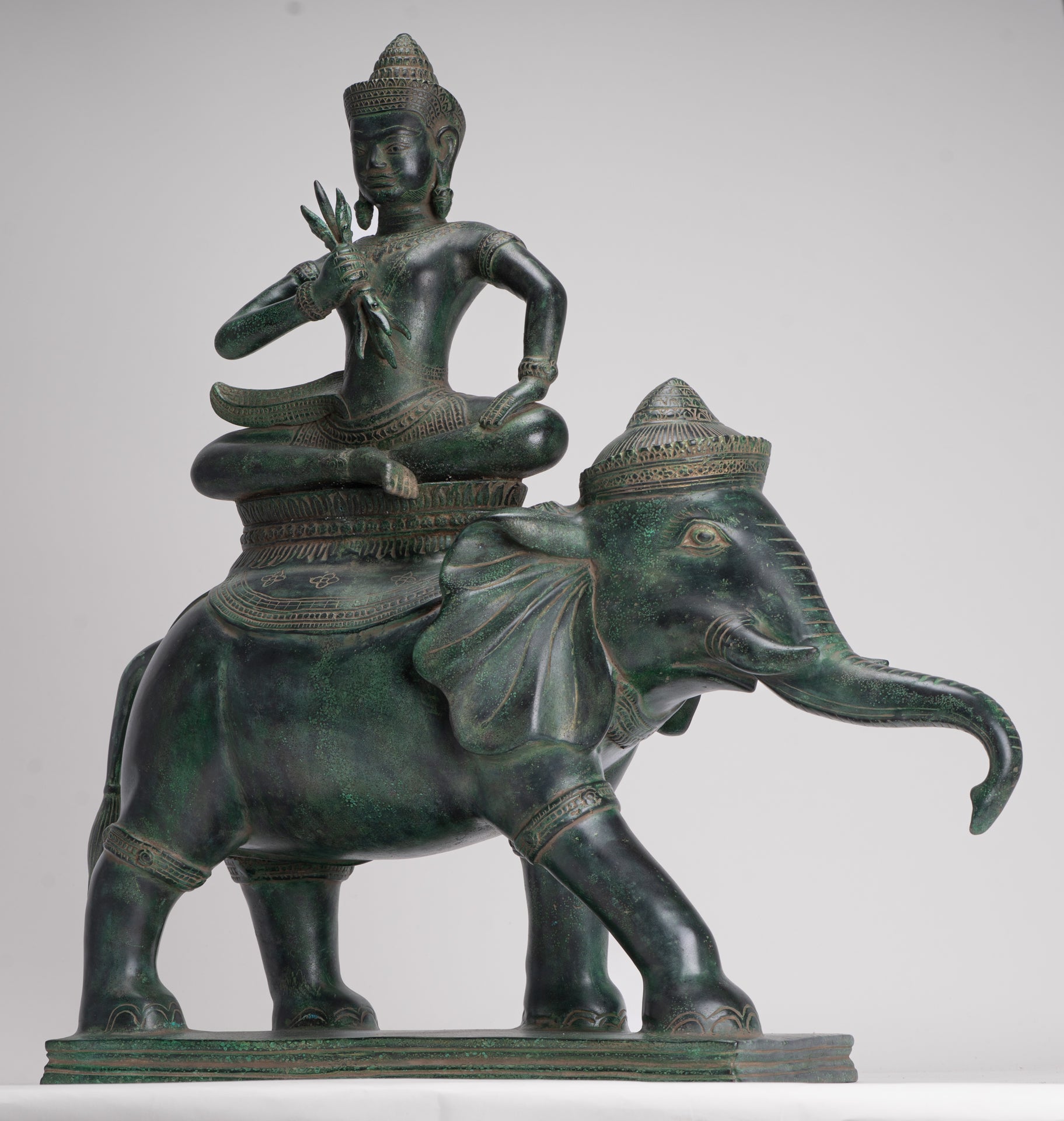 Indra Statue - Antique Khmer Style Bronze Erawan Airavata Statue with Indra - 59cm/24"