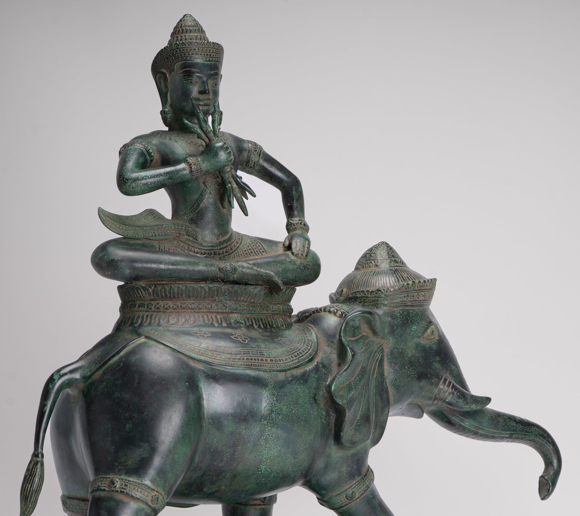 Indra Statue - Antique Khmer Style Bronze Erawan Airavata Statue with Indra - 59cm/24"