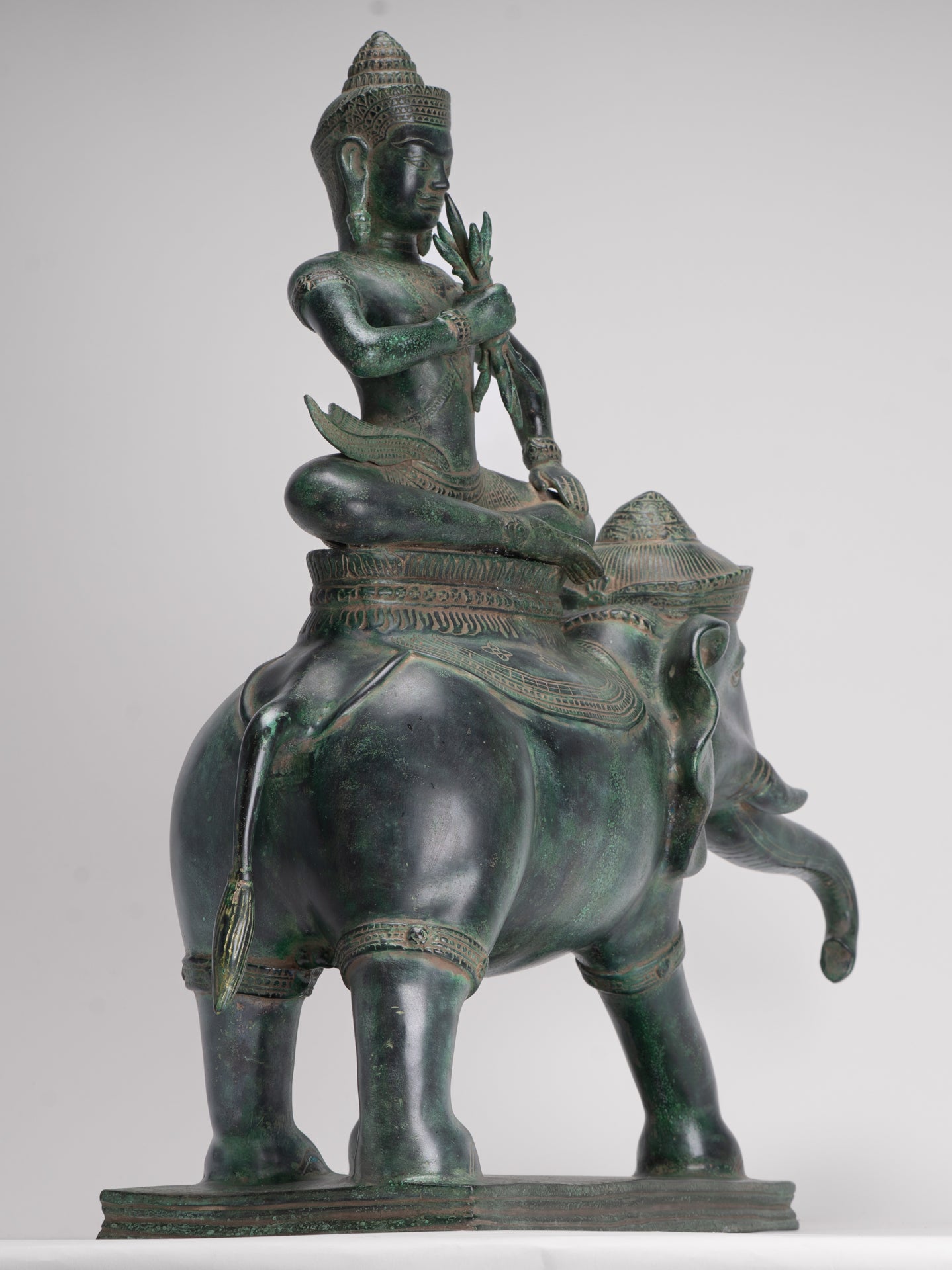 Indra Statue - Antique Khmer Style Bronze Erawan Airavata Statue with Indra - 59cm/24"