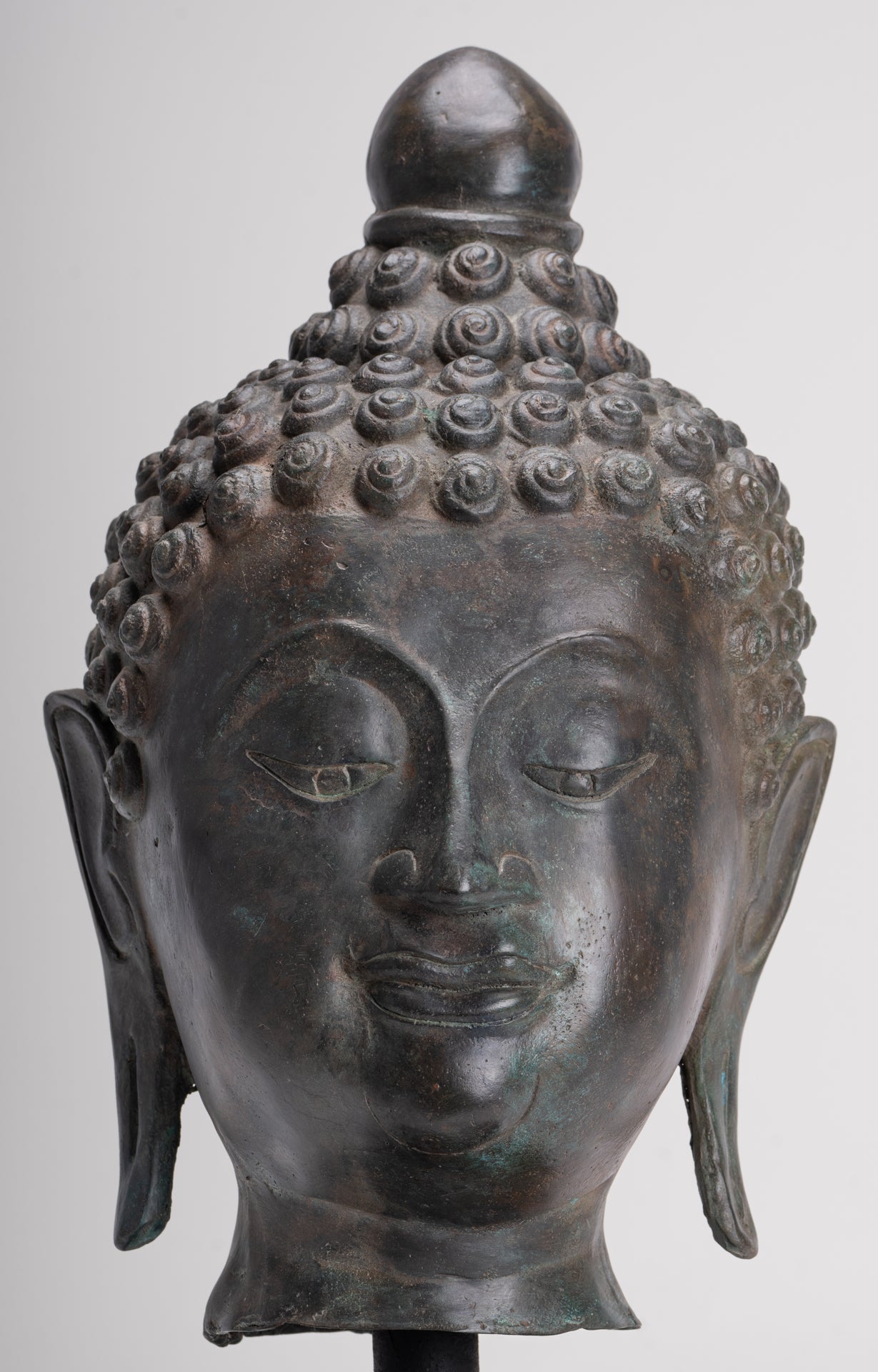Buddha Head - Antique Thai Style Chiang Saen Mounted Bronze Buddha Head - 45cm/18"