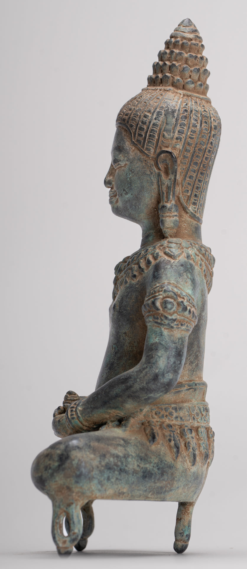 Buddha Statue - Antique Khmer Style Bronze Seated Meditation Bayon Buddha Statue - 22cm/9"