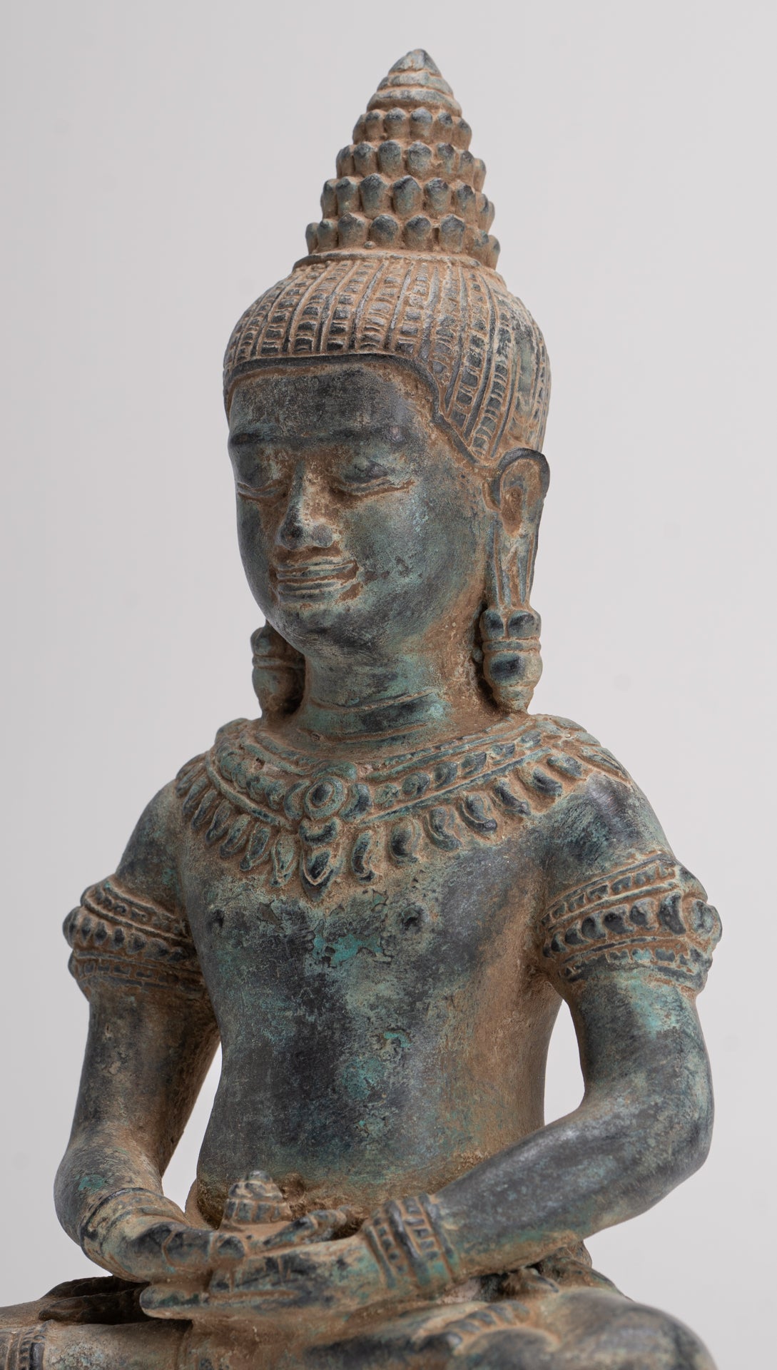Buddha Statue - Antique Khmer Style Bronze Seated Meditation Bayon Buddha Statue - 22cm/9"