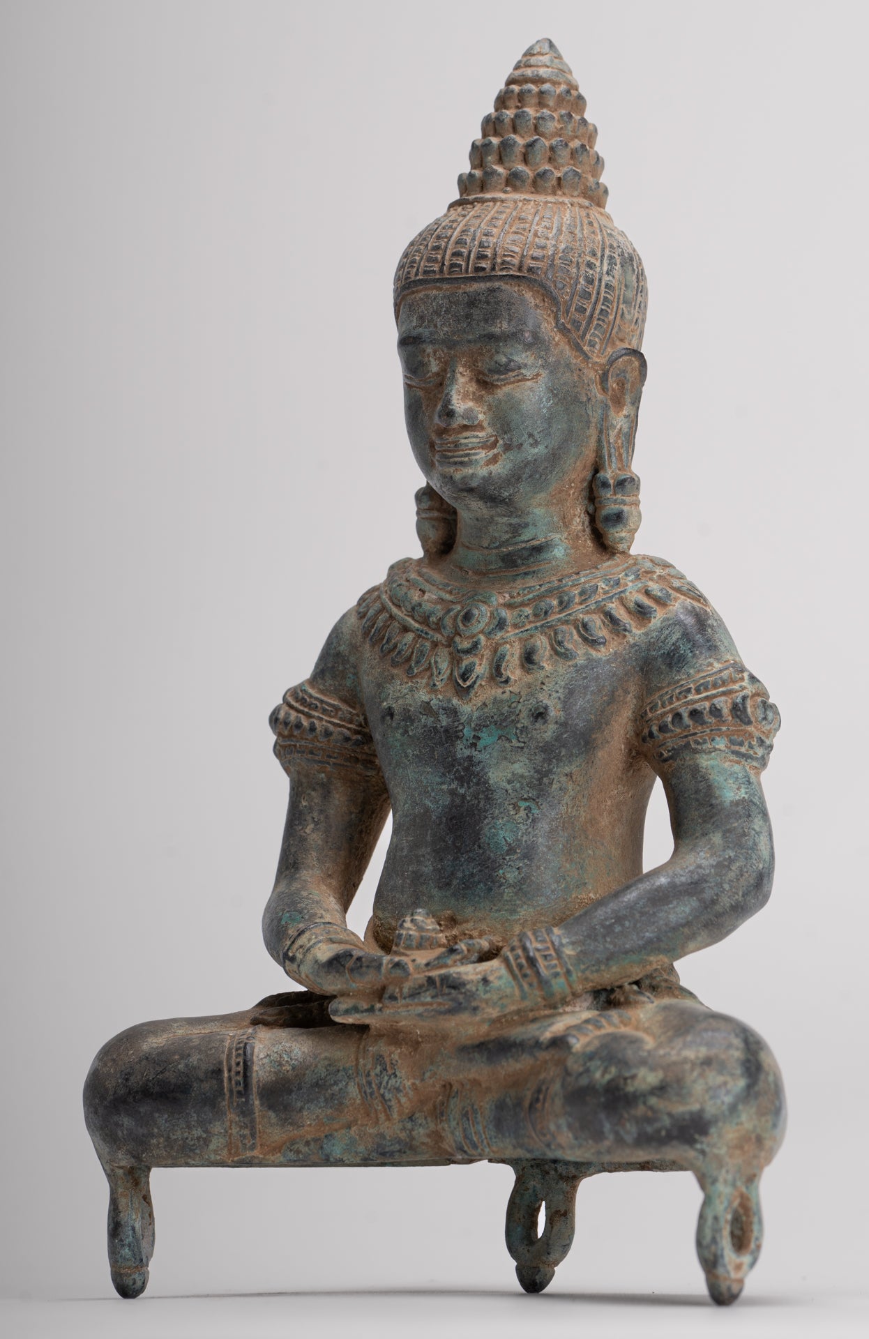 Buddha Statue - Antique Khmer Style Bronze Seated Meditation Bayon Buddha Statue - 22cm/9"