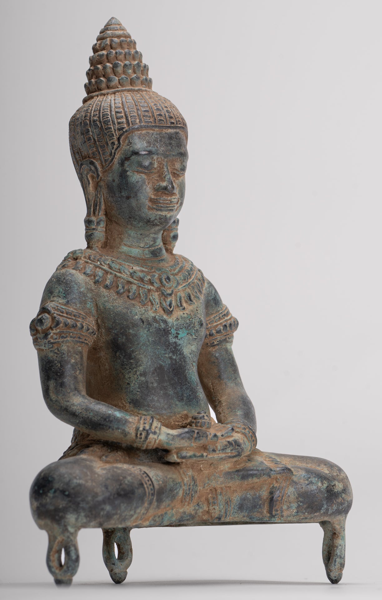Buddha Statue - Antique Khmer Style Bronze Seated Meditation Bayon Buddha Statue - 22cm/9"