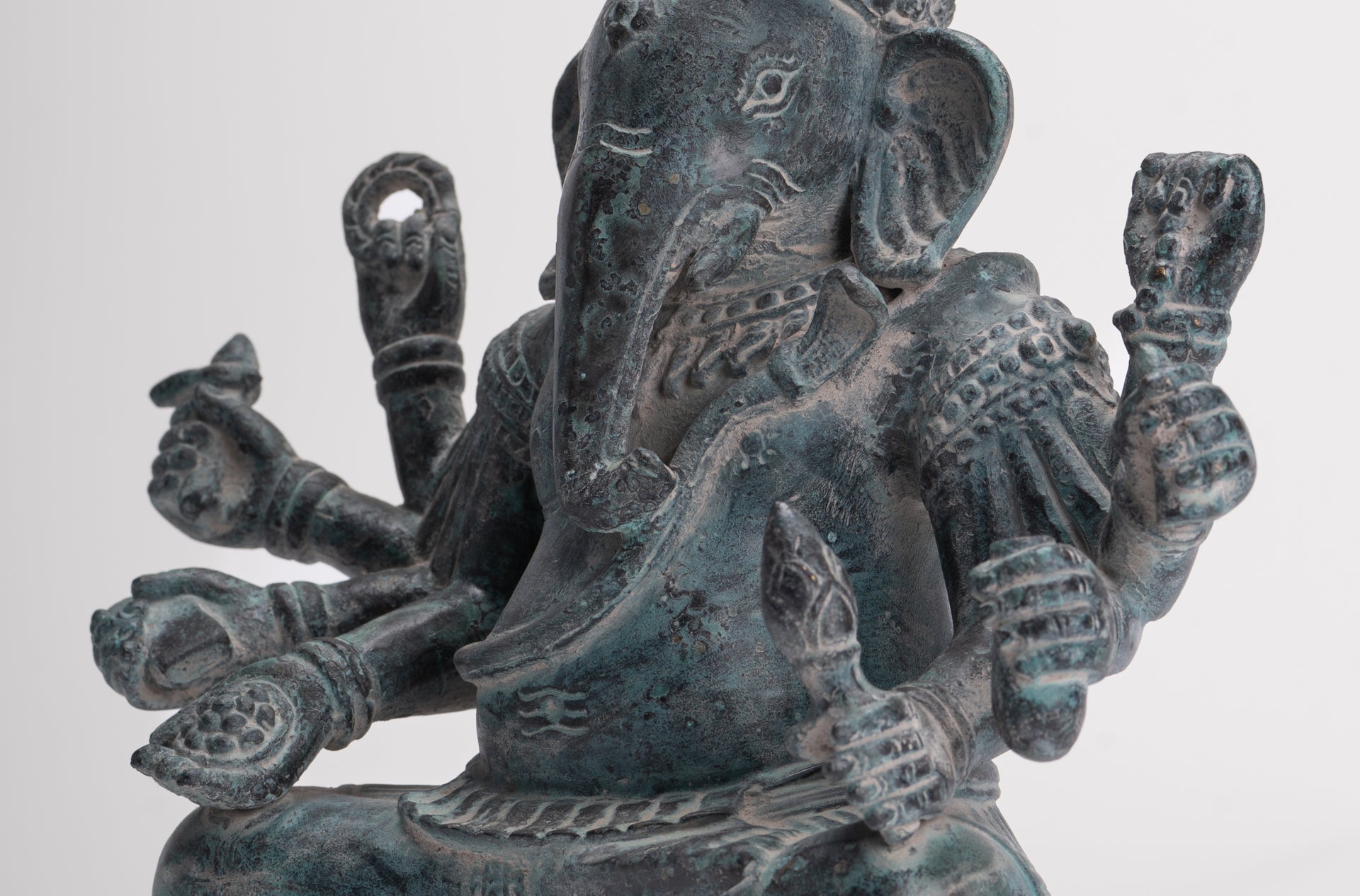 Ganesha Statue - Antique Khmer Style Enthroned Angkor Wat 8 Arm Ganesh Statue - 22cm/9"