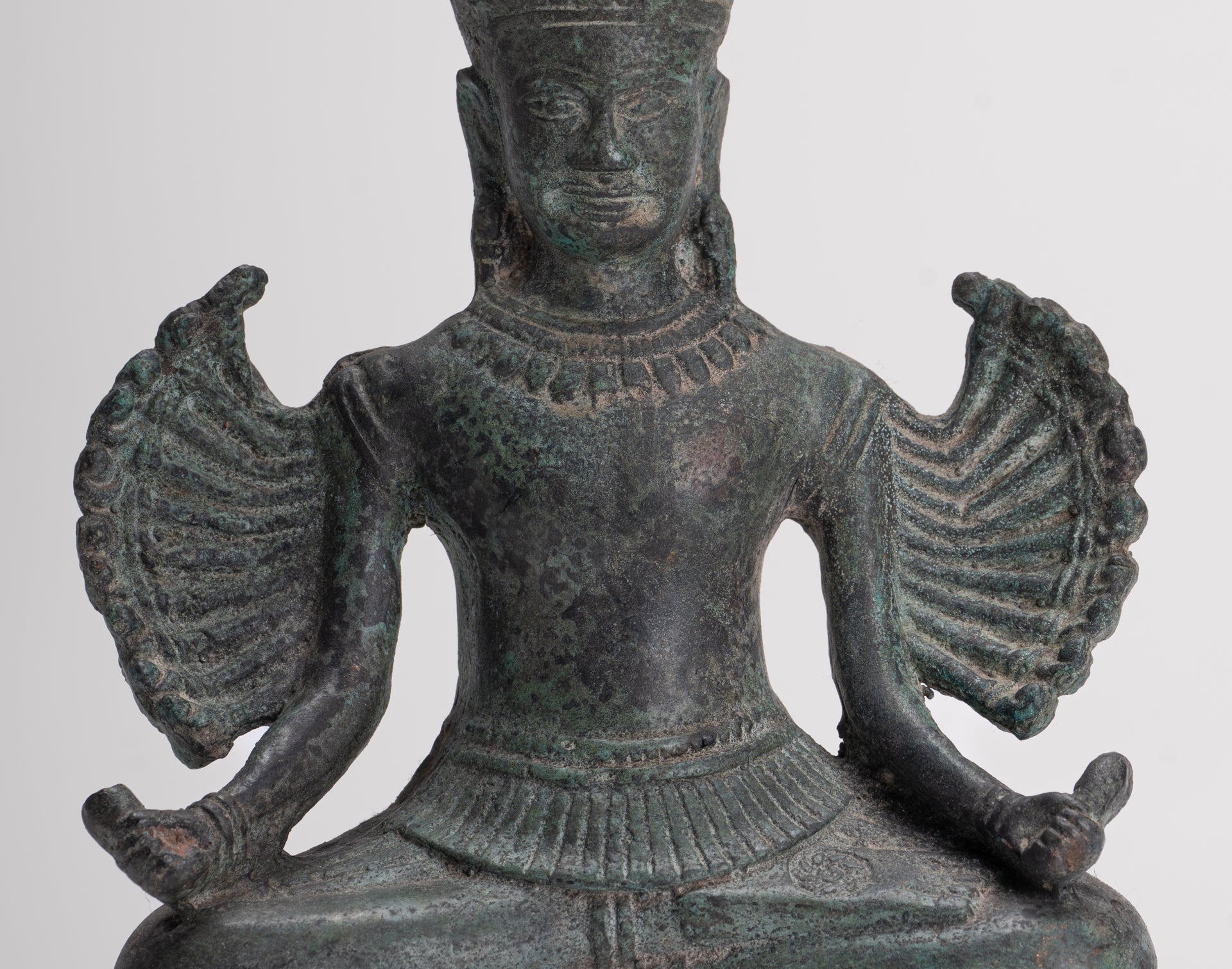 Antique Khmer Style Seated Bronze Bayon Hevajra Statue - 20cm/8" Tall