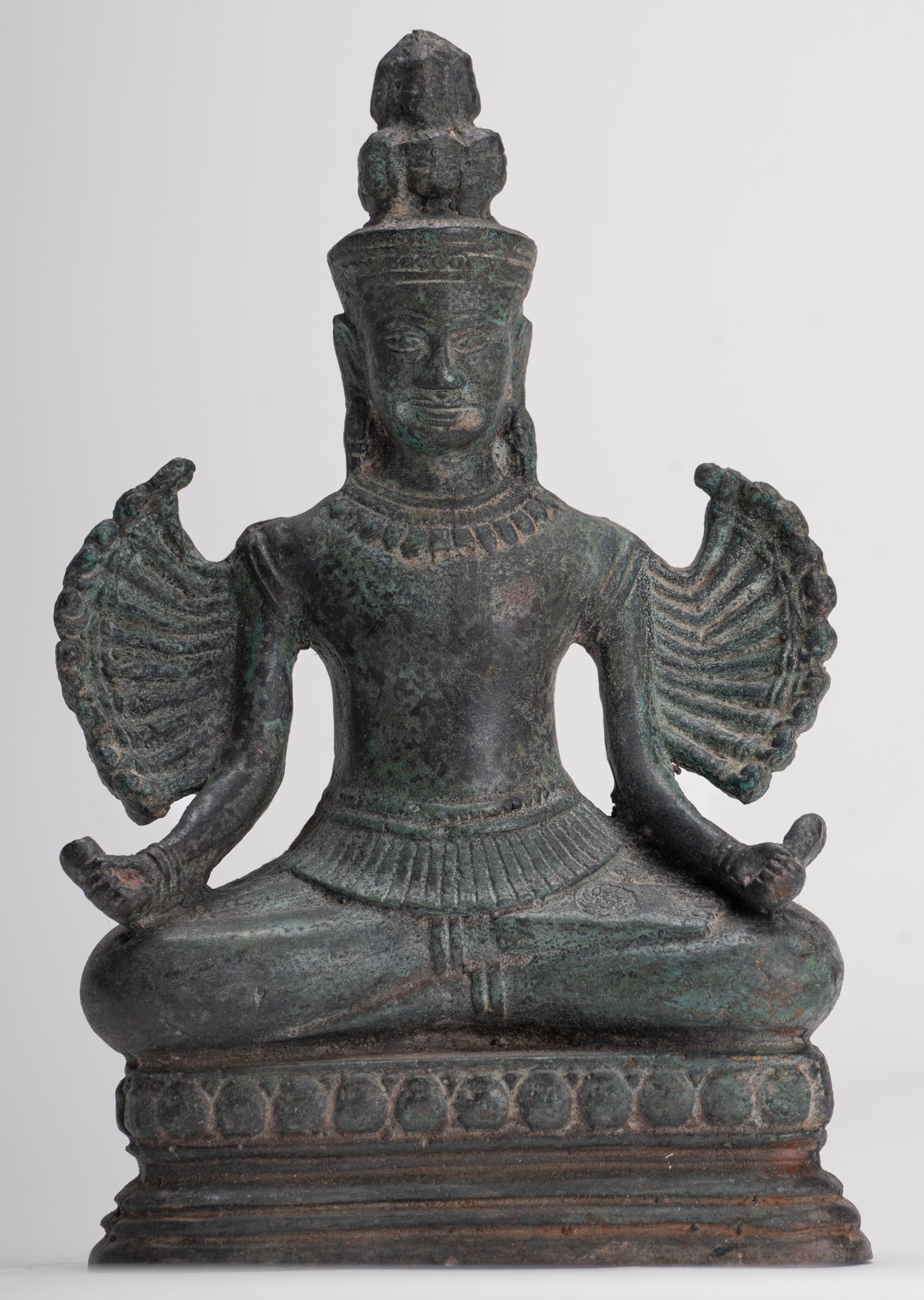 Antique Khmer Style Seated Bronze Bayon Hevajra Statue - 20cm/8" Tall