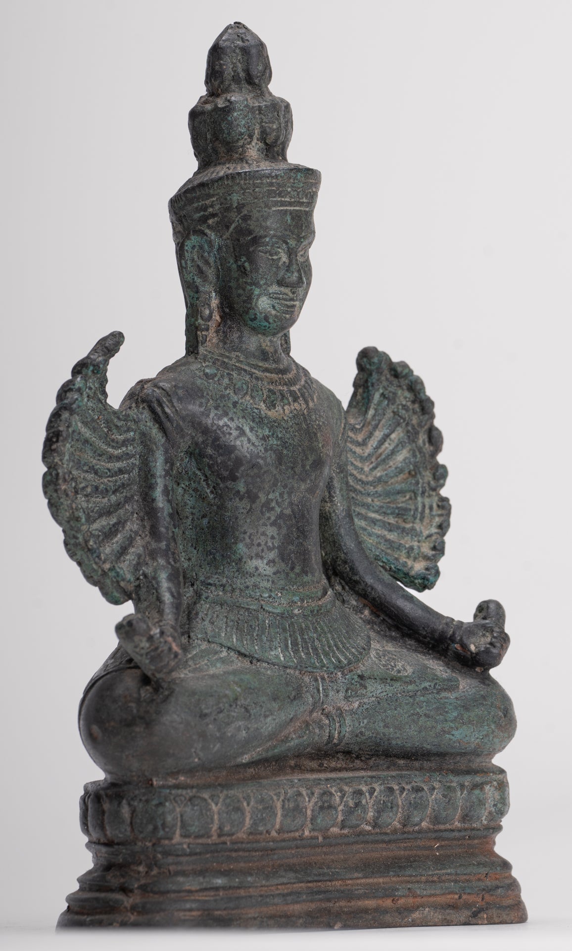 Antique Khmer Style Seated Bronze Bayon Hevajra Statue - 20cm/8" Tall