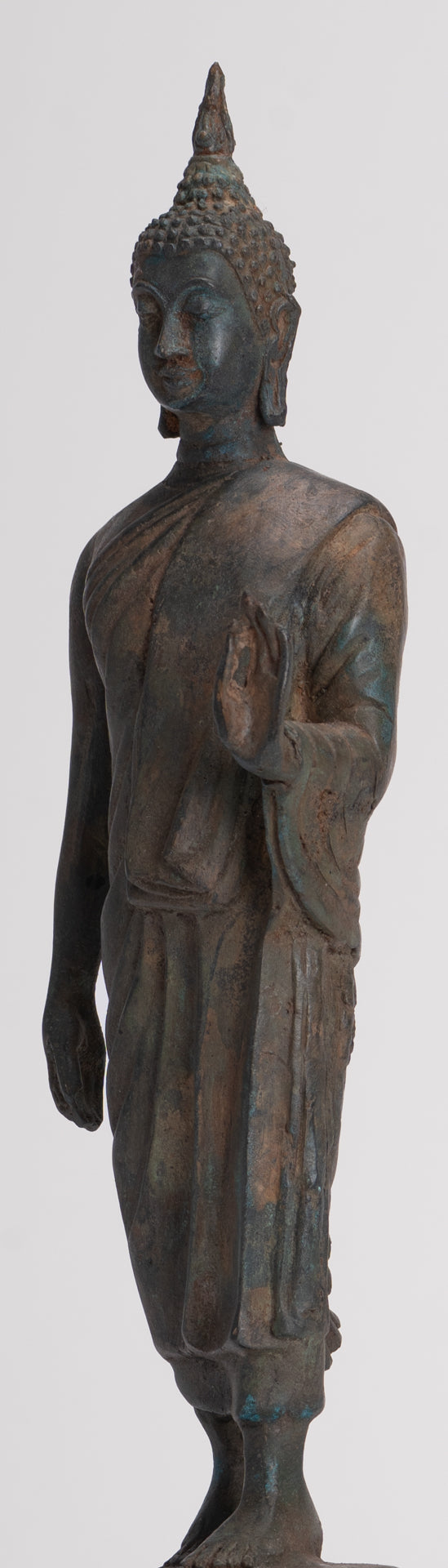 Antique Sukhothai Style Standing Bronze Thai Protection Walking Buddha Statue - 30cm/12"