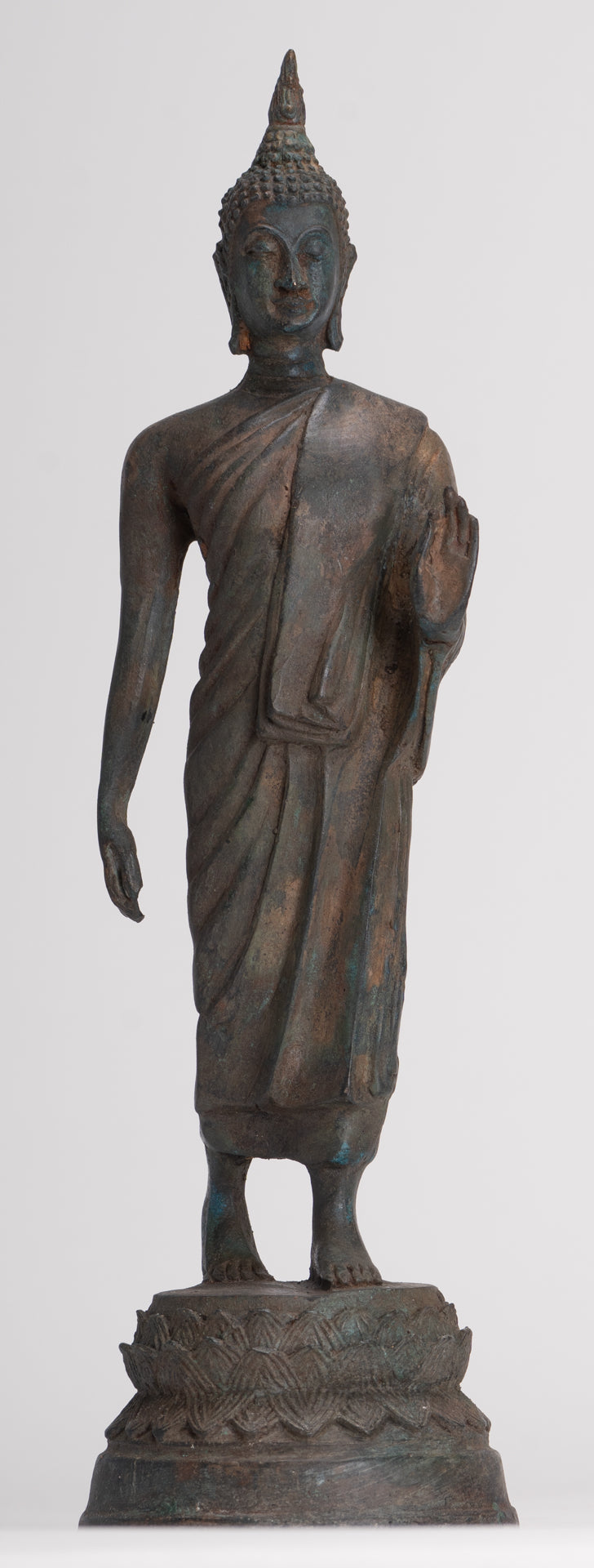 Antique Sukhothai Style Standing Bronze Thai Protection Walking Buddha Statue - 30cm/12"