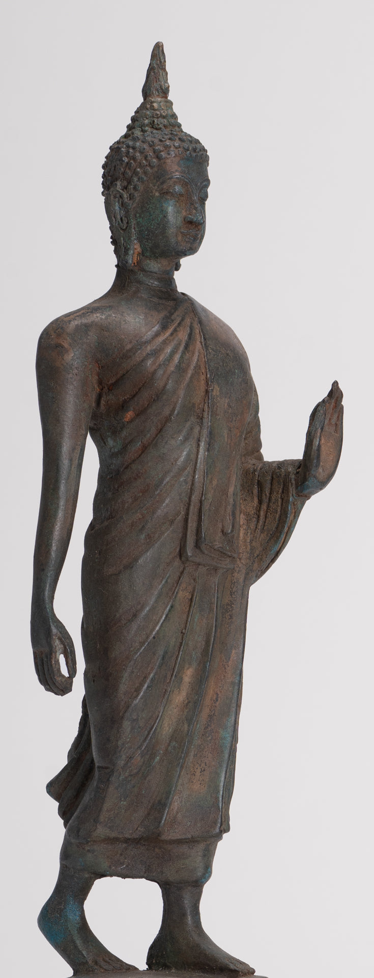 Antique Sukhothai Style Standing Bronze Thai Protection Walking Buddha Statue - 30cm/12"