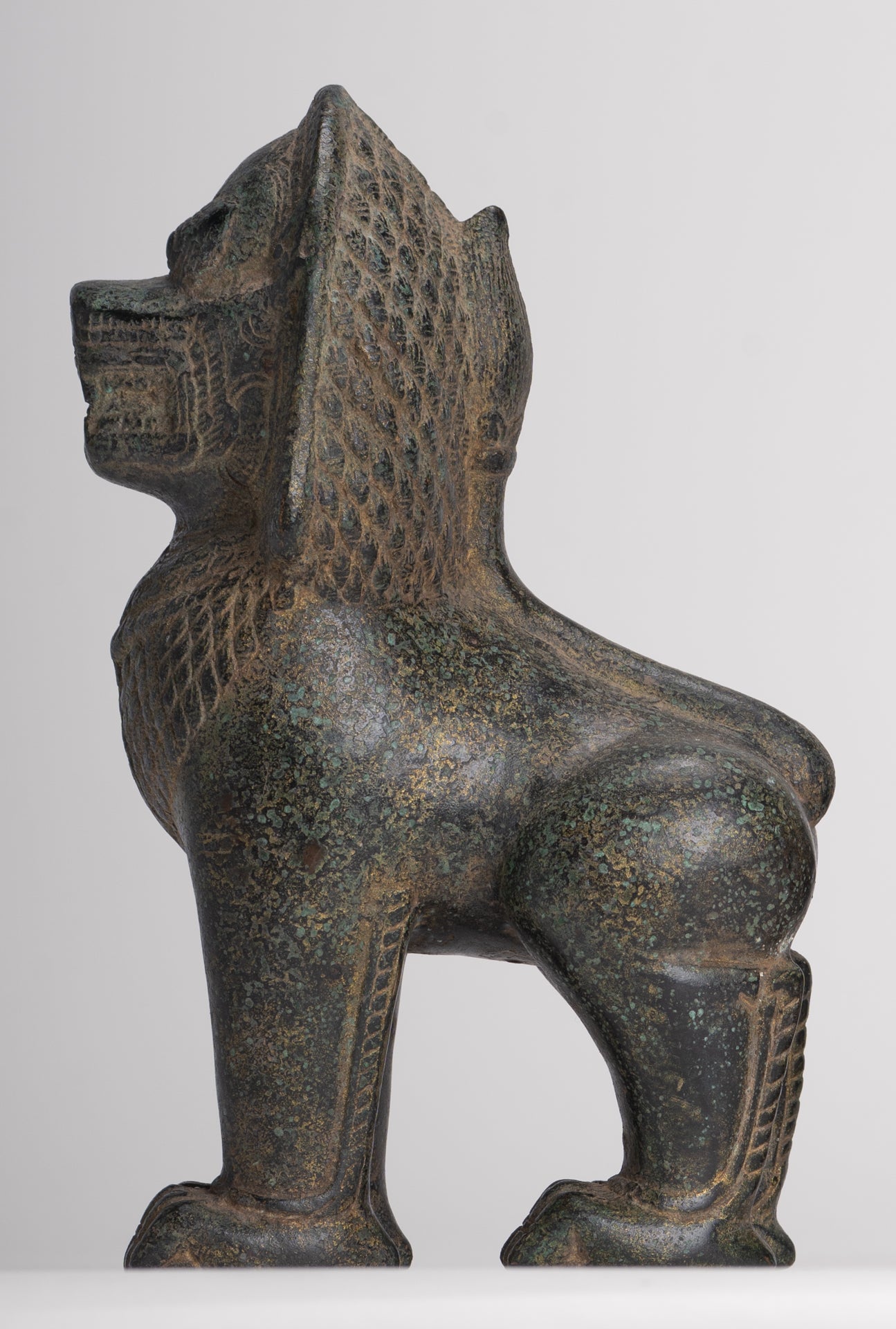 Temple Lions - Antique Khmer Style Bronze Standing Temple Guardian or Lions (Pair) - 20cm/8"