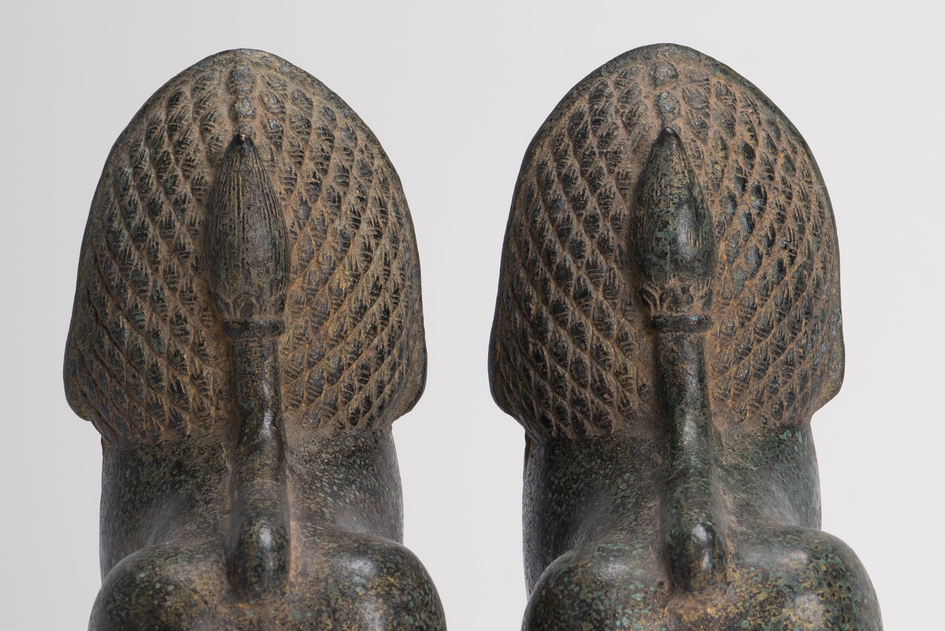 Temple Lions - Antique Khmer Style Bronze Standing Temple Guardian or Lions (Pair) - 20cm/8"