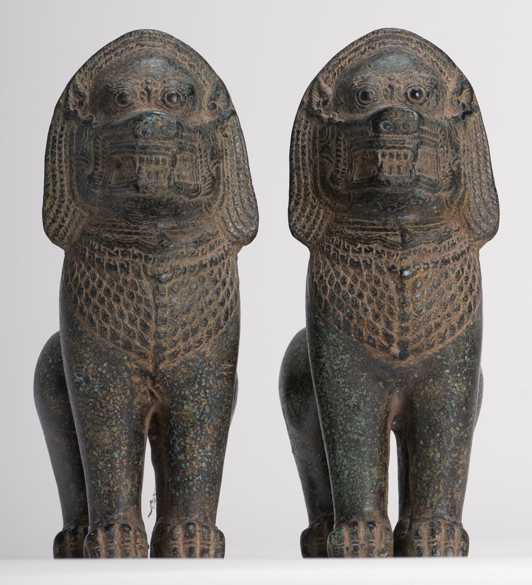 Temple Lions - Antique Khmer Style Bronze Standing Temple Guardian or Lions (Pair) - 20cm/8"