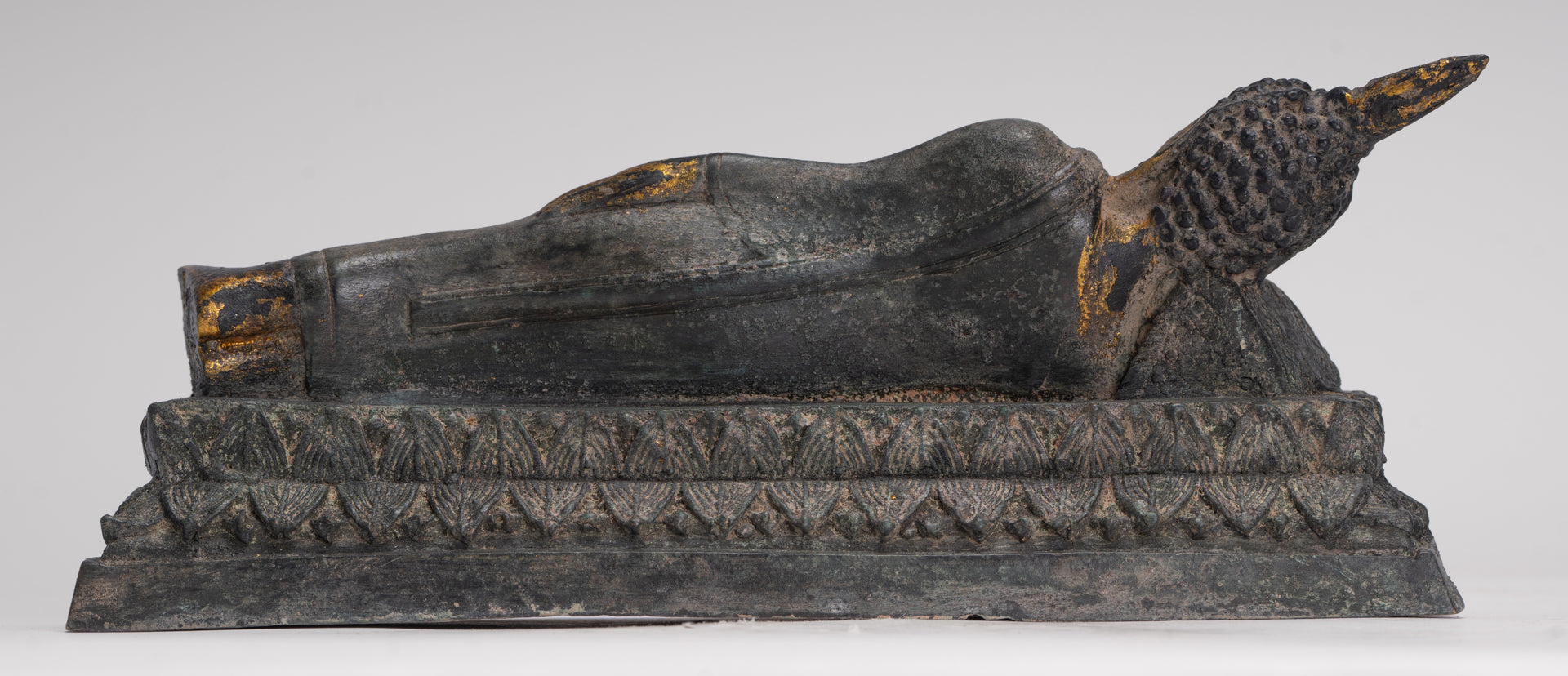 Buddha Statue - Antique Thai Style Bronze Sukhothai Reclining Nirvana Buddha Statue - 29cm/12"