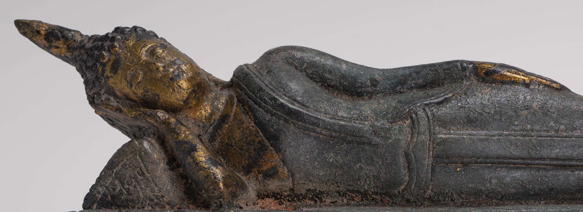 Buddha Statue - Antique Thai Style Bronze Sukhothai Reclining Nirvana Buddha Statue - 29cm/12"