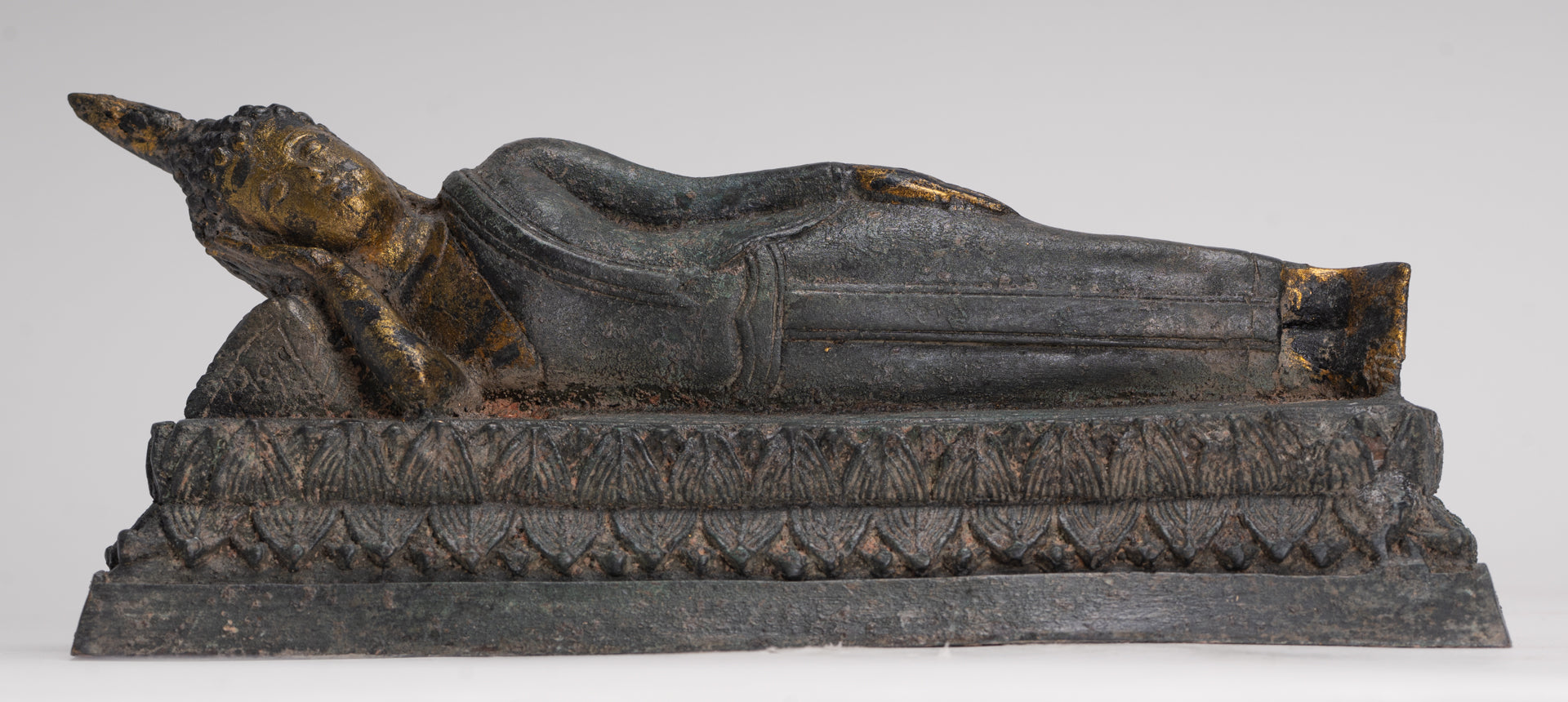 Buddha Statue - Antique Thai Style Bronze Sukhothai Reclining Nirvana Buddha Statue - 29cm/12"