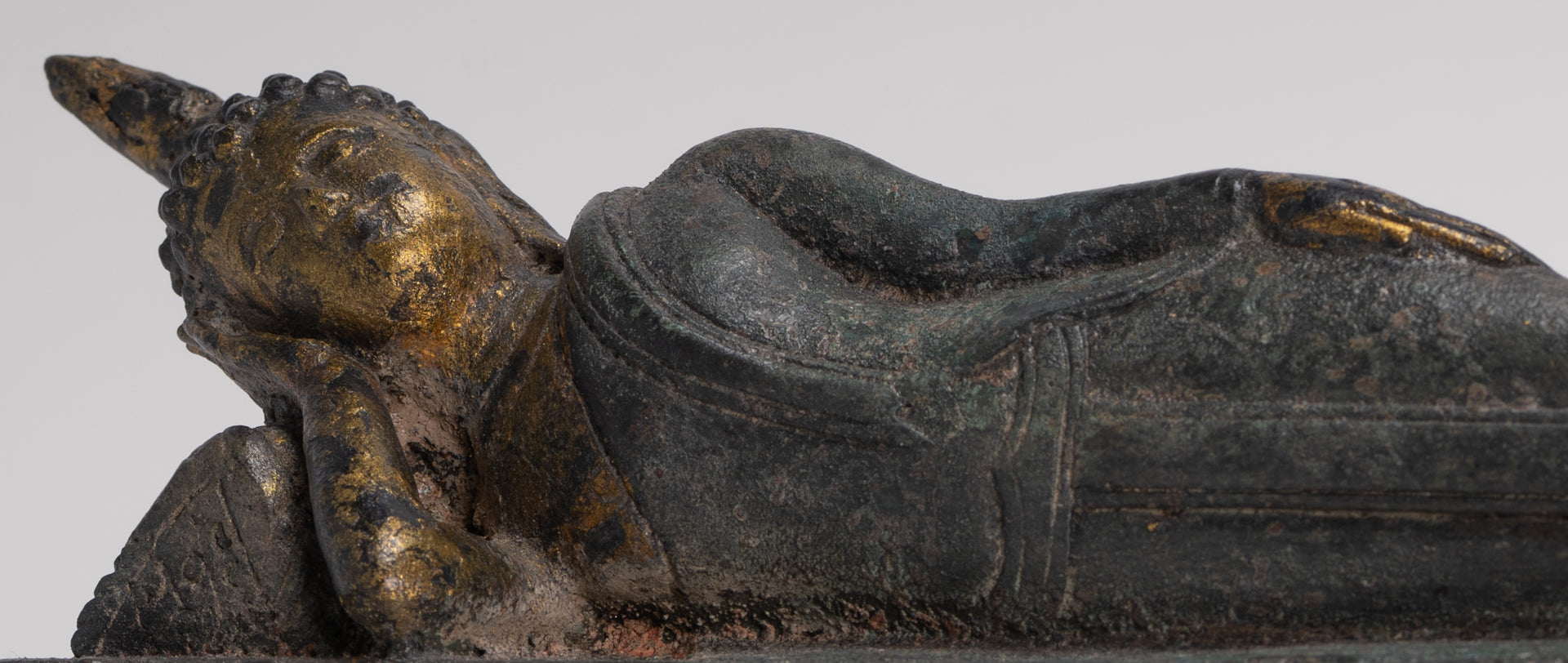 Buddha Statue - Antique Thai Style Bronze Sukhothai Reclining Nirvana Buddha Statue - 29cm/12"