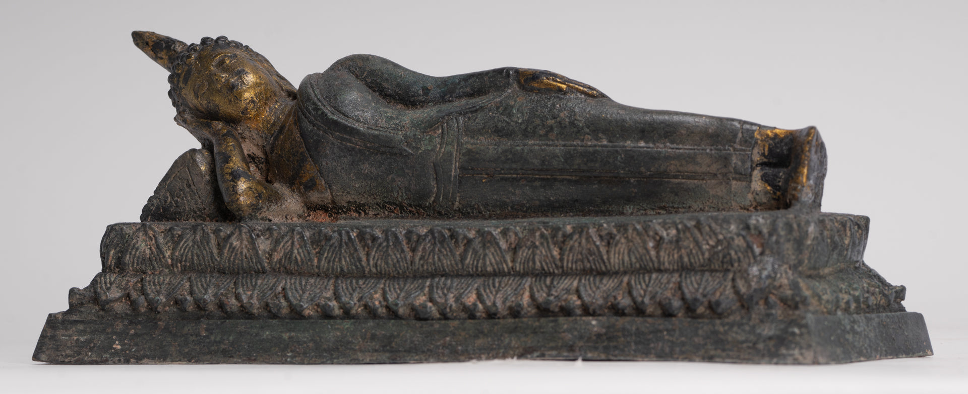 Buddha Statue - Antique Thai Style Bronze Sukhothai Reclining Nirvana Buddha Statue - 29cm/12"
