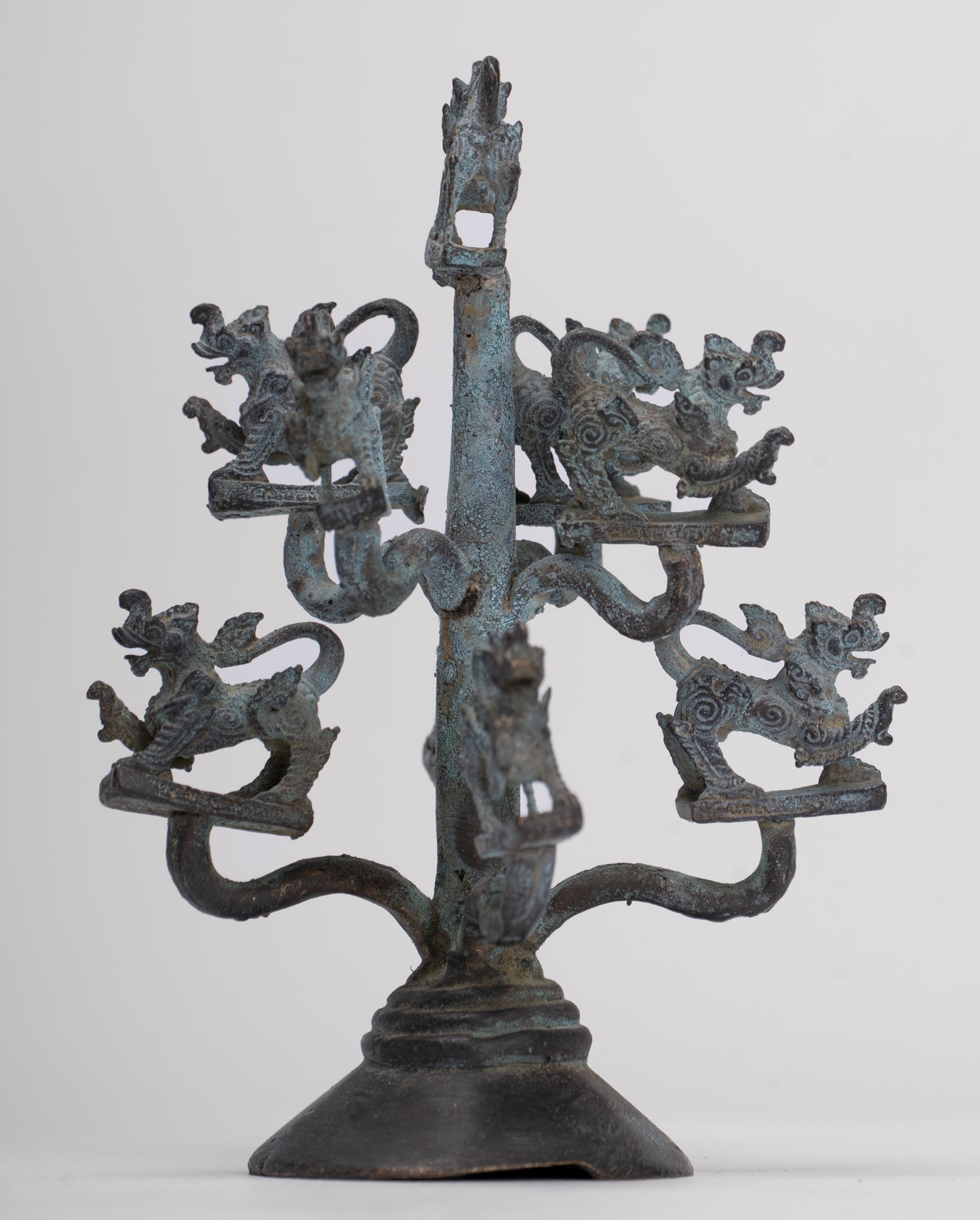 Singha Sculpture - Antique Thai Style Bronze Bodhi Tree of Thai Singha or Temple Lions/Guardians Statues - 11cm/4"