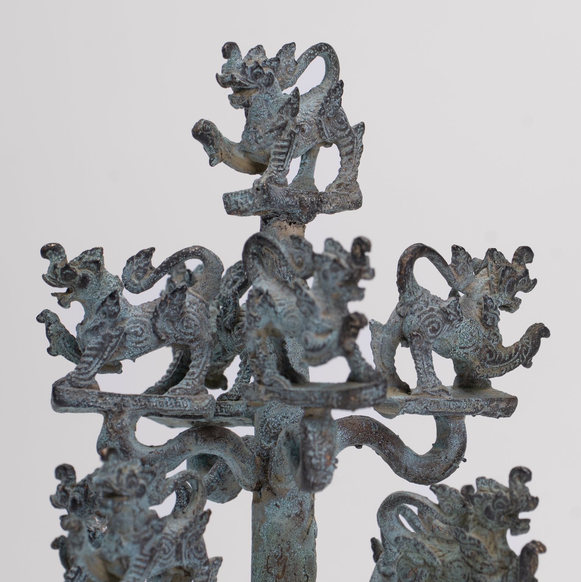 Singha Sculpture - Antique Thai Style Bronze Bodhi Tree of Thai Singha or Temple Lions/Guardians Statues - 11cm/4"