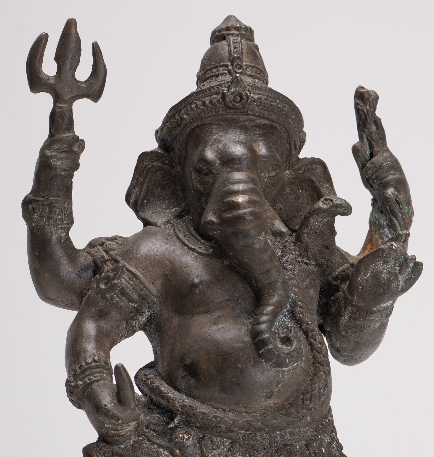 Ganesha Statue - Antique Thai Style Bronze Standing 4-Arm Ganesha Statue - 26cm/10"